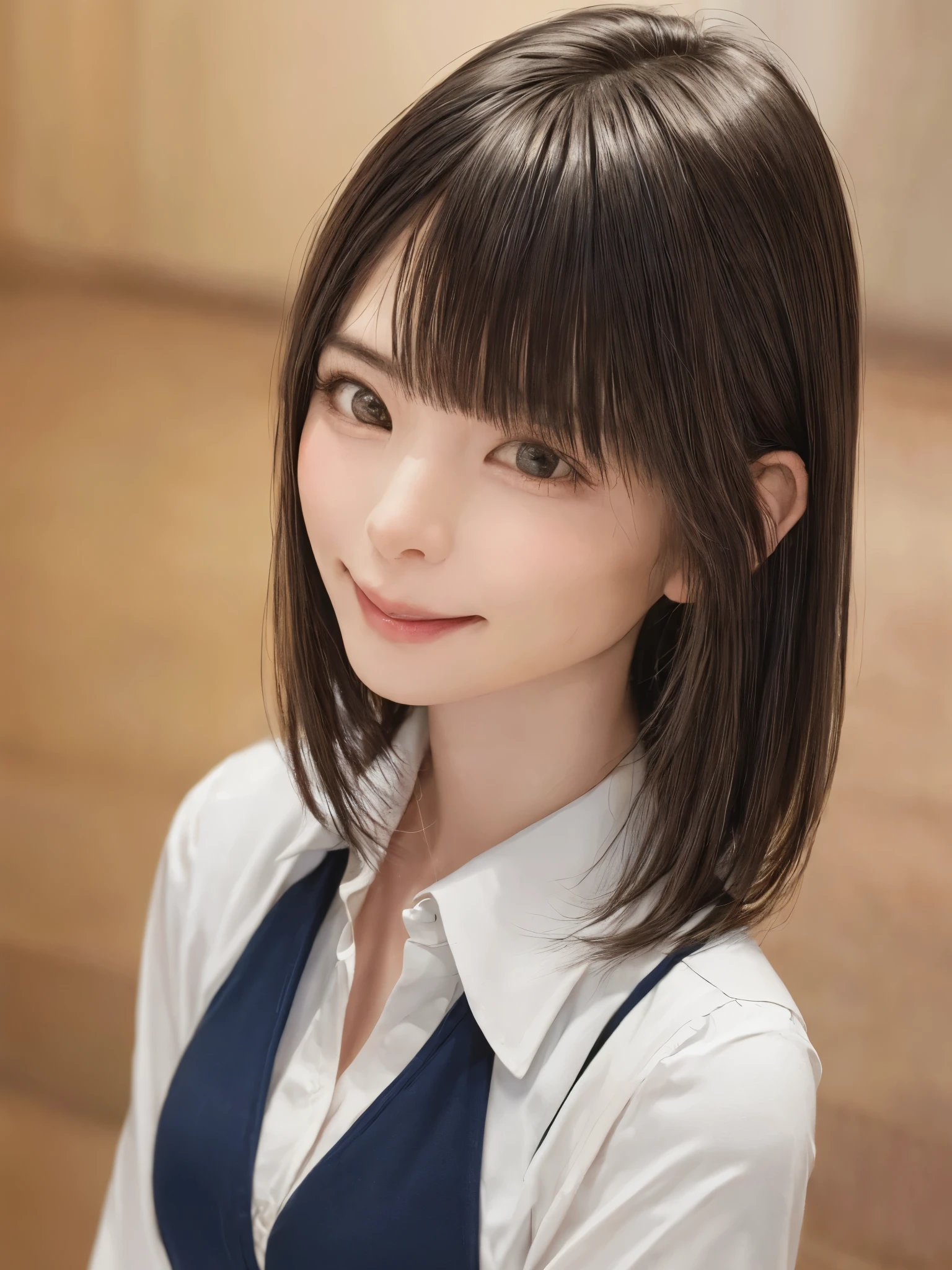 (Masterpiece:1.8), (Realistic, RAW Photos, highest quality: 1.4), (One Girl), Beautiful Face, (超Realistic Face、シンメトリーのBeautiful Face、Golden Ratio、Stare intently into the camera), (Short black hair, Short Bob Hair:1.6、bangs:1.3、Put your ears out:1.3、Beautiful long neck、Happy smiling face with mouth closed), Beautiful short hairstyle, (Realistic eyes), Beautiful details, Long eyelashes, (Realistic Skin), Beautiful Skin, [Big Breasts:1.3], (Perfect body:1.3), (Detailed body:1.2), (tie), (Collared shirt, Pleated skirt:1.3), Absurd, charm, Ultra-high resolution, Ultra-realistic, Very detailed, Golden Ratio,Very cute beautiful woman、28 years old