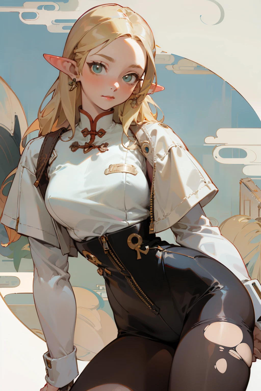 (masterpiece, best quality) detailed, Wearing black tights, silver accessories , The zipper is not closed , Blonde ,elegant, Pointed ears ，Chinese element pattern，thigh，漏出thigh，White shirt，The clothes are torn，Alphonse Mucha