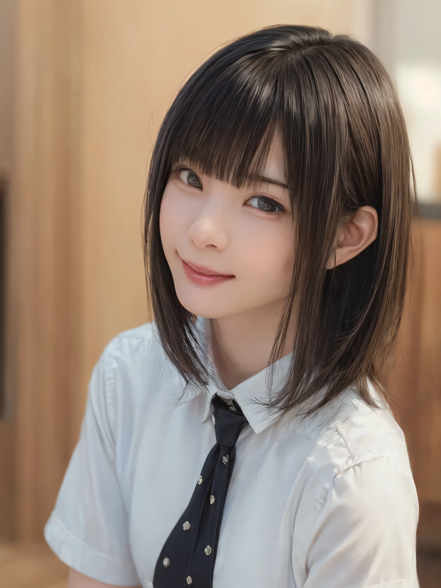 (Masterpiece:1.8), (Realistic, RAW Photos, highest quality: 1.4), (One Girl), Beautiful Face, (超Realistic Face、シンメトリーのBeautiful Face、Golden Ratio、Stare intently into the camera), (Short black hair, Short Bob Hair:1.6、bangs:1.3、Put your ears out:1.3、Beautiful long neck、Happy smiling face with mouth closed), Beautiful short hairstyle, (Realistic eyes), Beautiful details, Long eyelashes, (Realistic Skin), Beautiful Skin, [Big Breasts:1.3], (Perfect body:1.3), (Detailed body:1.2), (tie), (Collared shirt, Pleated skirt:1.3), Absurd, charm, Ultra-high resolution, Ultra-realistic, Very detailed, Golden Ratio,Very cute beautiful woman、28 years old