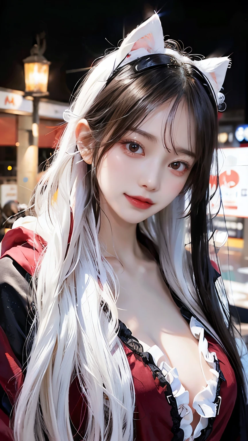 Long white hair - Red eyes - Black hair accessory - Hoodie - Elegant - Mysterious - Less revealing - Modest - Unique - Smiling face - Attractive - Presence