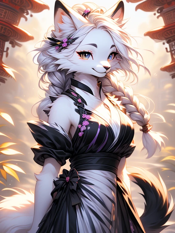 Solo, sfw, Young Female white fox-cat (((lean-body))) (((medium breasts))) (short snout),(((fur (black stripe) between neck and shoulder towards chest))) ((fur (black stripes) on waist))(ears are darker), (heterochromia (orange, violet)), (cat tail (black at end)), (white hair (single-braided)), ((violet china dress)), happy ((looking at viewer)) ((Female wolf)) (detailed eyes) (clevedge, (collarbone, shoulders), (solo, (1girl)) ((((fluffy white fur)))) ((extremely detailed fur)) (violet china dress) ((hair in face)) (big braid), sfw, (thin long tail) (heterochromia) (extremely detailed eyes) joyful (((china dress with slit)))