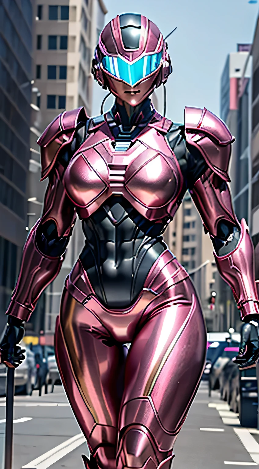 Female Robocop Solo、Bright outdoors、strong light source、8K, high quality, masterpiece, 最high quality、Very detailed、Armor that completely covers the whole body、Very large armor、Helmet covering the head、Clear photos、The eyes are hidden by thin, straight goggles:1.3、The lower half of the face is flesh:1.5、The human skin is exposed from the nose down on the face.:5.0、Luscious lips、Fluorescent pink metallic armor with thin white lines、Armor that completely covers the chest、Long, slender legs、Vivid poseable body view,Big and ample breasts:1.5, (Sports Body:1.5)、Five Fingers、Photos in the city