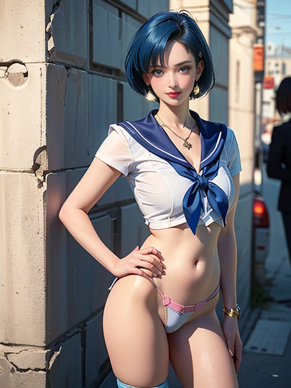 (best quality, 8k, photorealistic:1.5), (solo),(one girl:1.5),(Childish),(baby face),(pin up girl),(pinup model photos:1.3),(shiny skin),(oily skin),(Light blue hair:1.3),(straight hair),(long hair:1.5),(beautiful girl),(cool beauty girl),(elegant woman),(Blush brown makeup),(dark eye makeup),(pink lipstick),(big beady eyes girl:1.3),(droopy eyes woman),(blue eyes girl:1.3),(impressive eyes),(expensive necklace), chuuChloe,(keep smiling),(looks fun:1.5),(mini thong:1.5),(healthy body),(Show off crotch:1.6),(ager girl:1.5),(sailor mercury costume play:1.5),