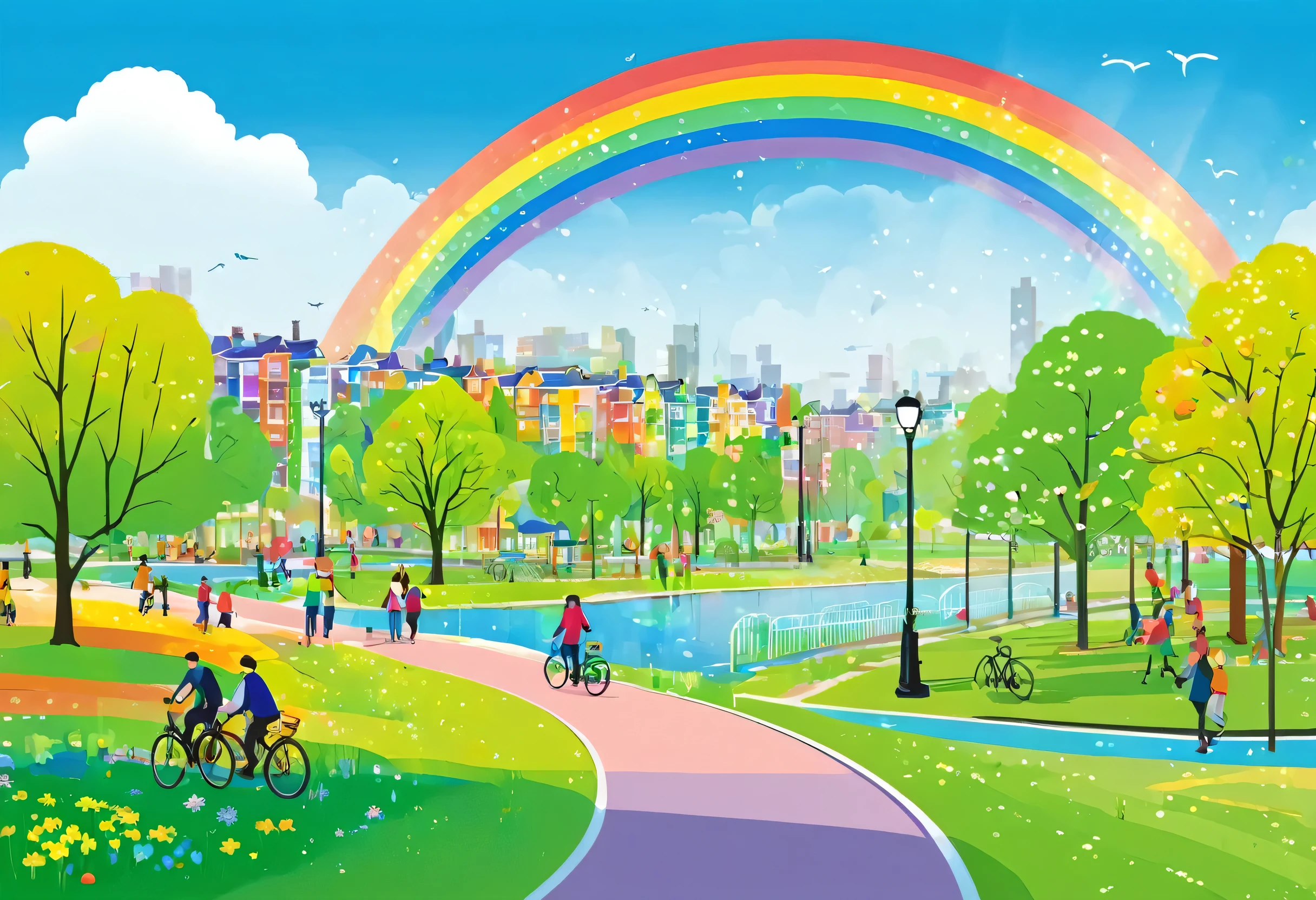 city park with people walking and biking in the park with rainbow, Illustration by Ayako Rokkaku, Shutterstock, Conceptual Art, colorful city, countryside city scene, spring season city, Residential Street, Rainbow Background, neighborhood, in an eco city, There is a park in the background, Town Background, Simple illustration, nature returning to the city, city