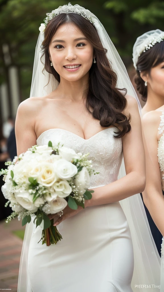 ((Top Quality)), ((8K)), ((Masterpiece: 1.3)), (Perfect Appearance), (Photorealism: 1.6), (japanese bride), (in front of the church), (clear sky), japanese woman, (48 years old), (natural light), ((Standing upright, facing forward, center of screen)), ((Realistic skin texture)), (Fine wrinkles throughout the skin: 1.3), (Dull skin: 1.1), (Skin without moisture: 1.2) , (Wrinkles on the face: 0.9), (Wrinkles on the corners of the eyes: 1.2), Double eyelids, tear bags on the lower eyelids, (Crying moles: 0.9), The eyes are looking here, serious gaze, (Dimples: 1.2), smile with the corners of the mouth raised wide, straight medium length, (Wedding dress: 1.2), (mermaid line dress: 1.2), (veil that hides the face: 1.2), (bridal veil: 1.2), high heels, (bouquet in hand: 1.2), (whole body), (Angle from the foot: 1.2),