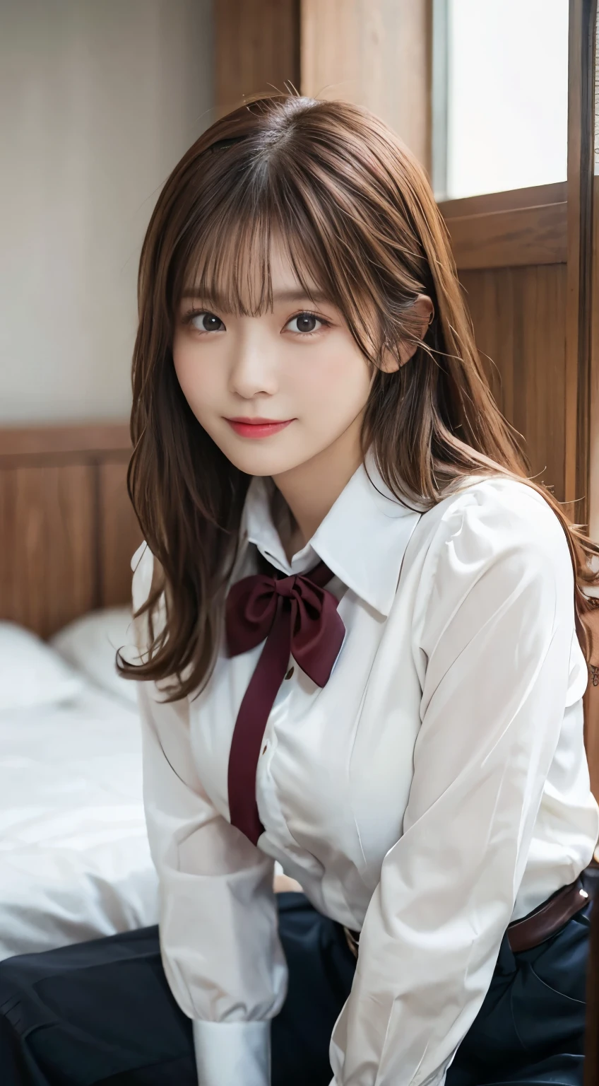 Realistic, Tabletop, highest quality, RAW Photos, One Girl, alone, Long Hair, Brown Hair, Detailed face, Attractive face, Sad smile、From the thigh up、night、bedランプ、bed、Collared shirt, Large Breasts, Dynamic pose, View your viewers, From below, Detailed Background, Fine details, Intricate details, Ray Tracing, Depth of written boundary, Low Key, Hmph