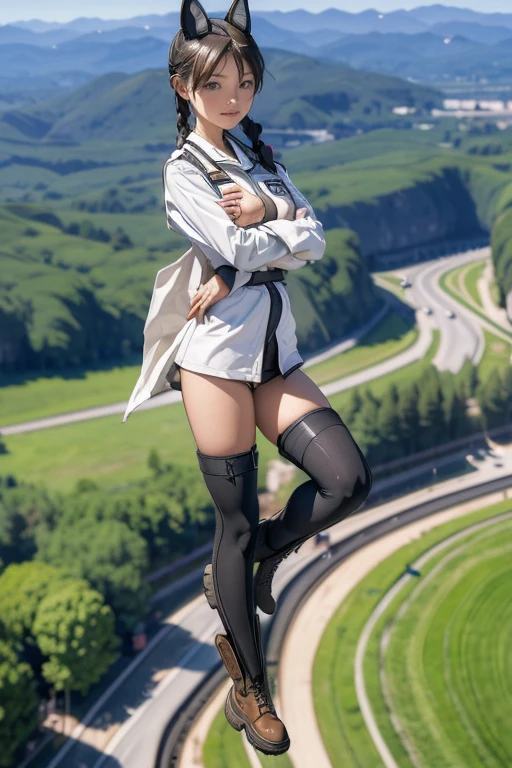 {(masterpiece,best quality, 8K UHD, extremely detailed CG, detailed beautiful face and eyes and skin and hair), (best quality face) }, {(3d ultra realistic photo graphic style:1.4)}, {(1girl free_fall from 10000m above the ground:1.2), (out of focus background:1.4)}, {1girl, 18yo, (beasts_ears),medium hair, Ponytail hair with braids, forehead}, {(strike witches:1.4),(military shoes:1.2), (thigh-high socks),navel}, {(cheerful:1.3), (candid shot)}, {(bring knees forward:1.1), (inner thighs showing pose:1.2)}