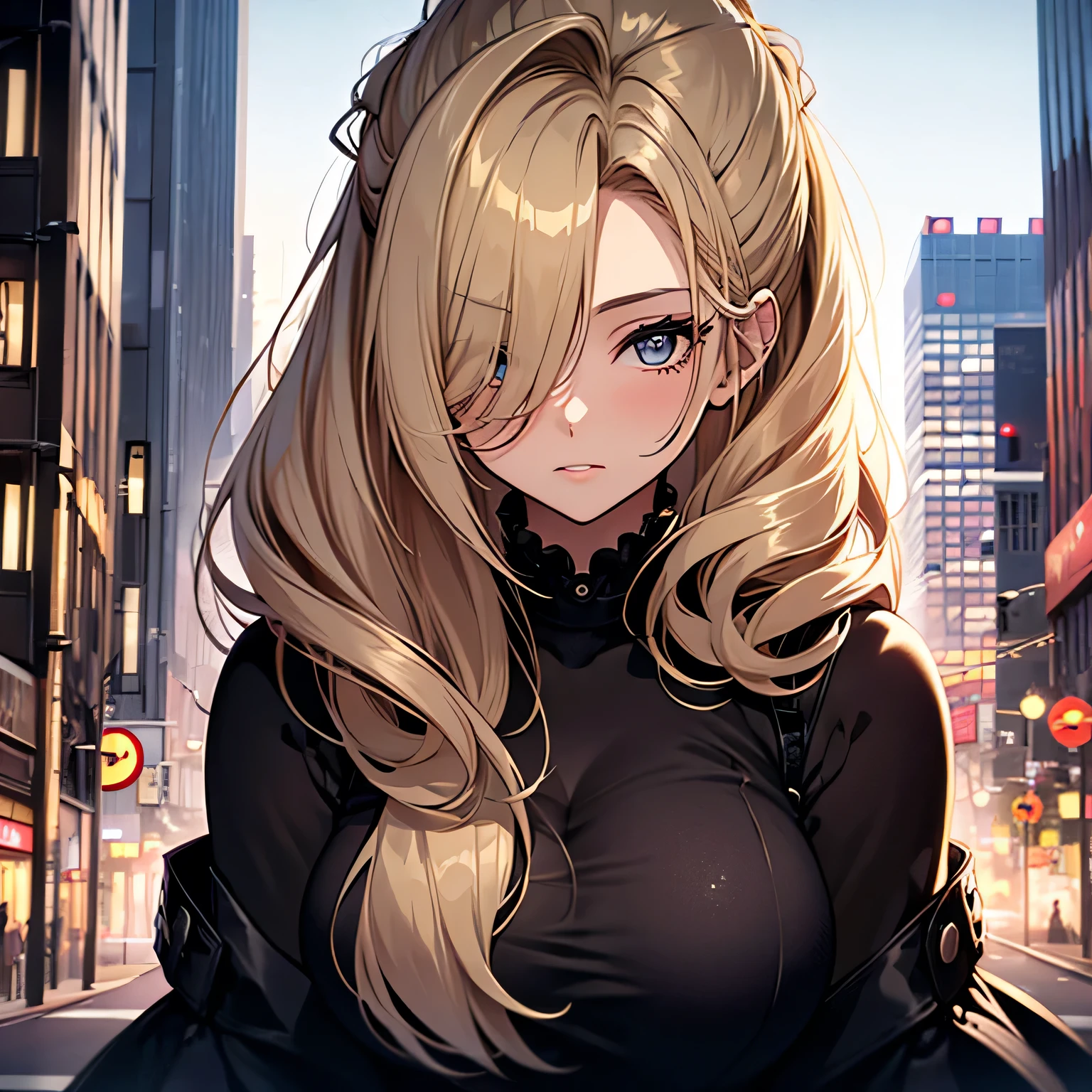 ((1Girl)),((28 years old)), ((Softly pinned Half Up do)), Blonde hair, Exaggerated Body, Sexy, Black Dress,((city background))
