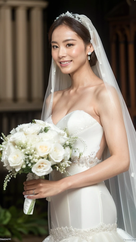 ((Top Quality)), ((8K)), ((Masterpiece: 1.3)), (Perfect Appearance), (Photorealism: 1.6), (japanese bride), (in front of the church), (clear sky), japanese woman, (48 years old), (natural light), ((Standing upright, facing forward, center of screen)), ((Realistic skin texture)), (Fine wrinkles throughout the skin: 1.3), (Dull skin: 1.1), (Skin without moisture: 1.2) , (Wrinkles on the face: 0.9), (Wrinkles on the corners of the eyes: 1.2), Double eyelids, tear bags on the lower eyelids, (Crying moles: 0.9), The eyes are looking here, serious gaze, (Dimples: 1.2), smile with the corners of the mouth raised wide, straight medium length, (Wedding dress: 1.2), (mermaid line dress: 1.2), (veil that hides the face: 1.2), (bridal veil: 1.2), high heels, (bouquet in hand: 1.2), (whole body), (Angle from the foot: 1.2),