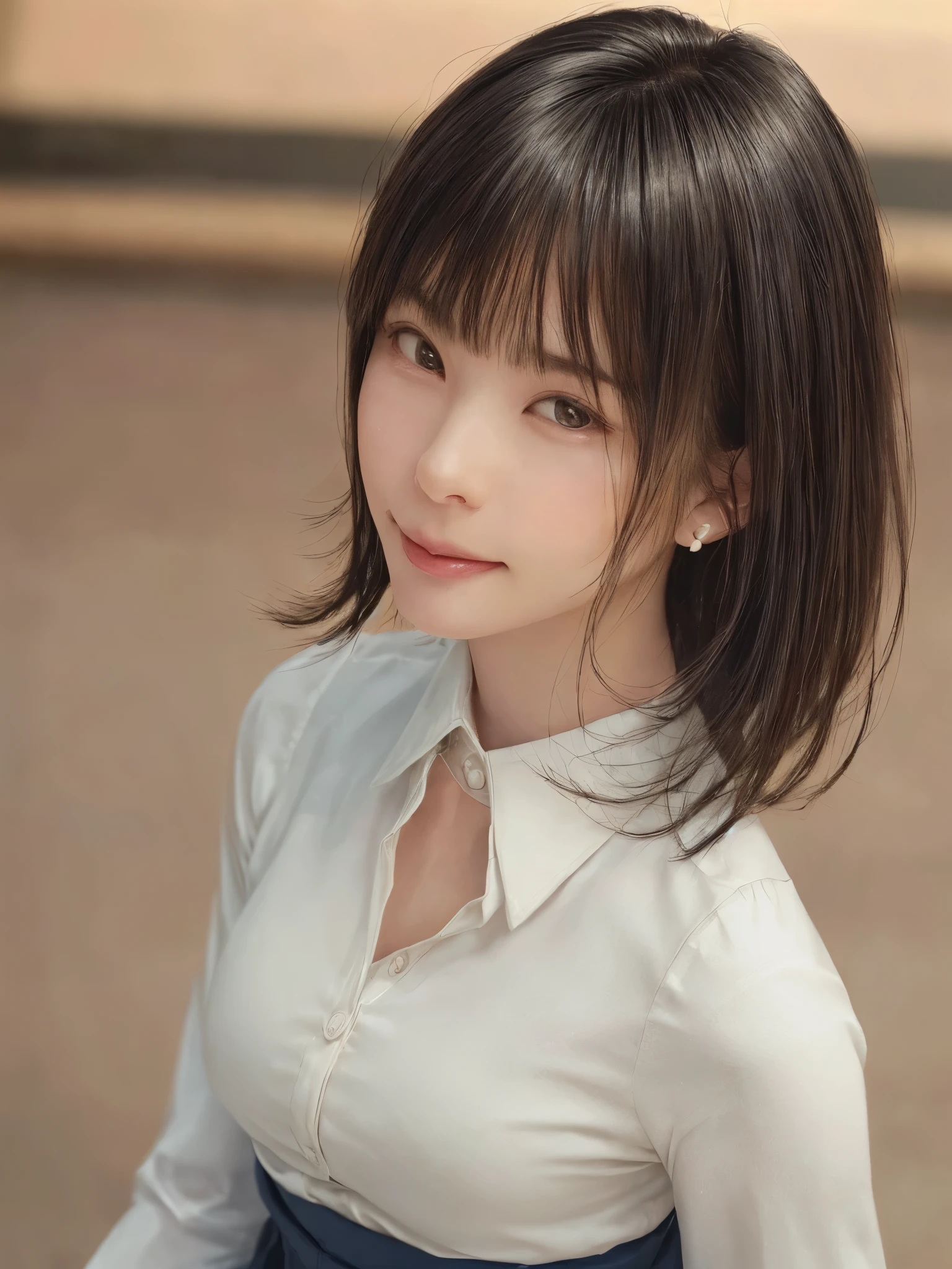 (Masterpiece:1.8), (Realistic, RAW Photos, highest quality: 1.8), (One Girl), Beautiful Face, (超Realistic Face、シンメトリーのBeautiful Face、Golden Ratio、Stare intently into the camera), (Short black hair, Short Bob Hair:1.6、bangs:1.3、Put your ears out:1.3、Beautiful long neck、Happy smiling face with mouth closed), Beautiful short hair, (Realistic eyes), Beautiful details, Long eyelashes, (Realistic Skin), Beautiful Skin, [Big Breasts:1.3], (Perfect body:1.8), (Detailed body:1.2), (tie), (Collared shirt, Pleated skirt:1.3), Absurd, charm, Ultra-high resolution, Ultra-realistic, Very detailed, Golden Ratio,Very cute beautiful woman、28 years old