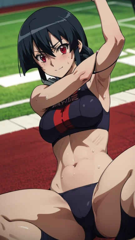 a picture, inspired by Kentaro Miura, trending on pixiv, akame from akame ga kill, wearing volleyball unirform, favorite scene, fine details, skins, sweating, small breasts, both hands raised, armpits, armpits visible, dripping with sweat, more more sweat, sweaty armpits, smile