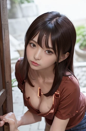 best quality, detailed, beautiful, insanely detailed, absurdres,perfect anatomy, Japanese female,black hair,27 years old, (slender), (small breasts best quality), NSFW,
(bending over:1.3), (wearing a loose reddish brown t-shirt),(cleavage:1.5), (downblouse:1.6),(nipples peek:1.3) white skirt, birds-eye view