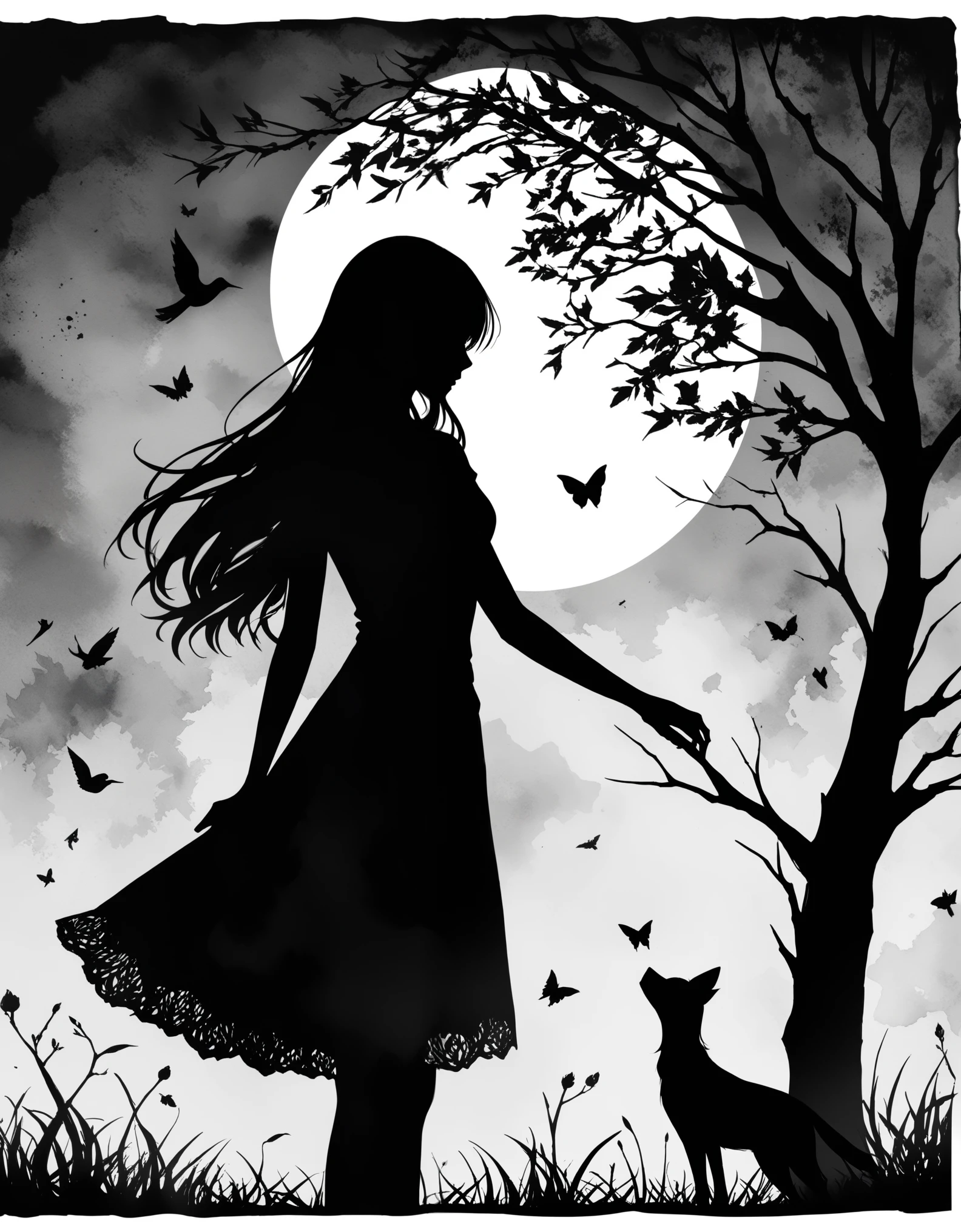 a pitch black setting with a silhouette of a beautiful long haired woman , magical, silhouette, black and white, tree silhouette Nu Goth Art, Cartelcore, BW, Wood engraving, side light, Watercolor Paint, Amaro, abstract, Velvia, Flickr, pixiv, One Color,cuvry pose,
