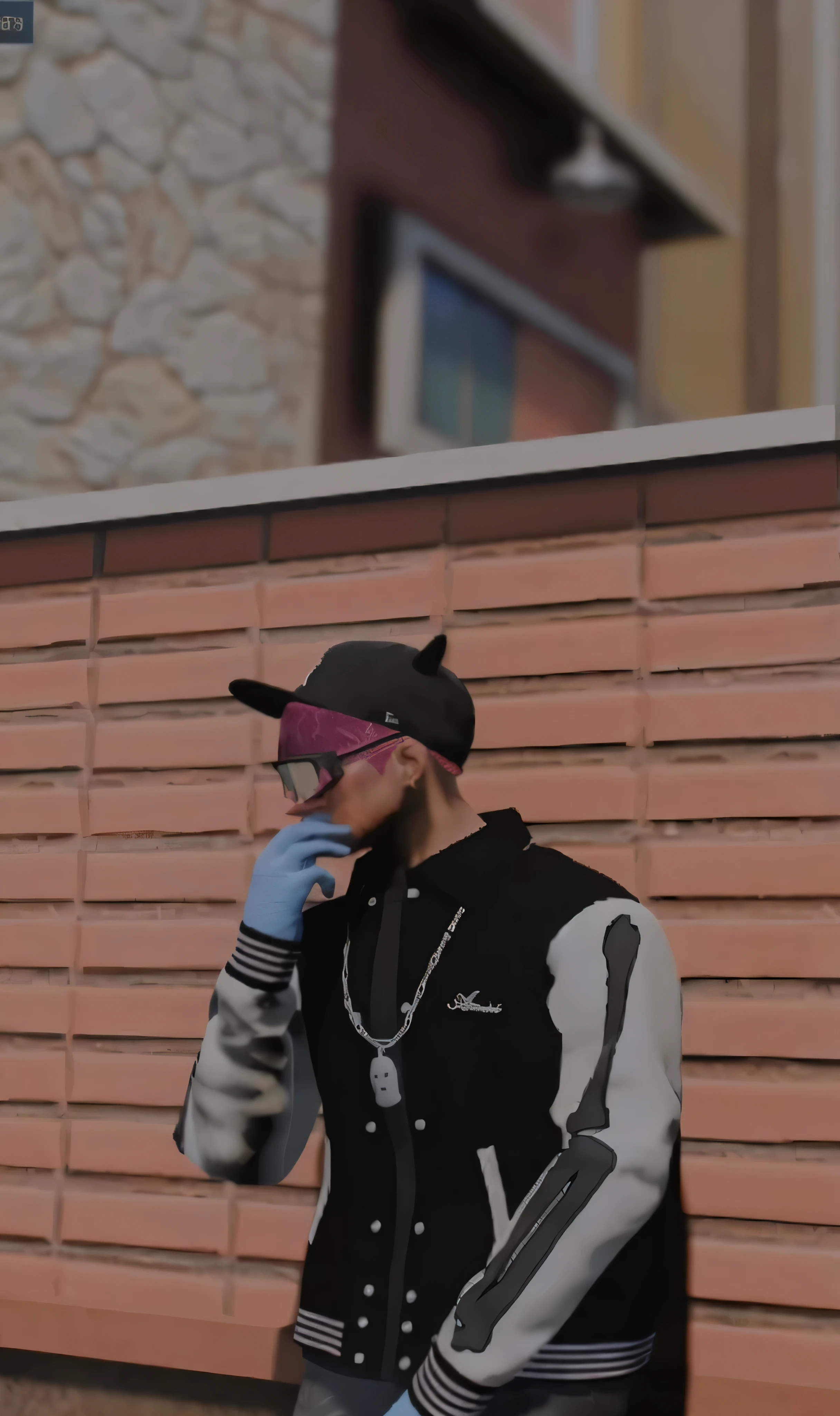 there is a man wearing a baseball cap and a jacket talking on a cell phone, cyberpunk street goon, 2 k aesthetic, highly aesthetic, gta character, in game, gta 6 style, realism artstyle, hyperdetailed!!, looking heckin cool and stylish, bad bunny, clean artstyle, nostalgic vibes, style of seb mckinnon, ( ( dark skin ) )