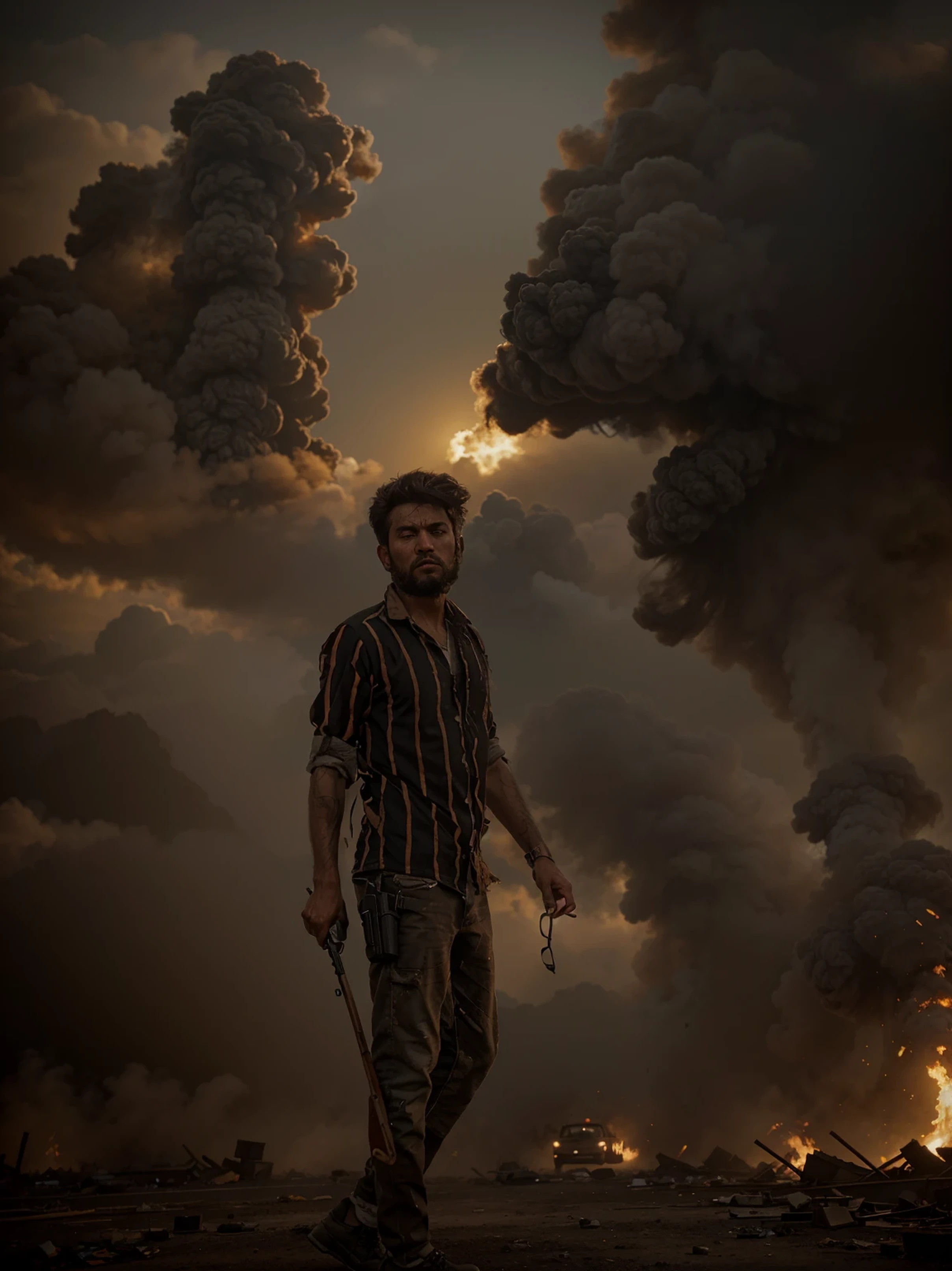 Visible brightness Man with rifles, Damaged buildings, Dust and smoke, Explosions, Debris, Helicopters flying low, Dynamic camera angles, Dramatic lighting, Dark and desaturated colors, Film grain, War-torn landscape, Ruined vehicles, Intense action, (highres), (realistic:1.37), Cinematic war zone atmosphere, (dystopian:0.9) 4K quality