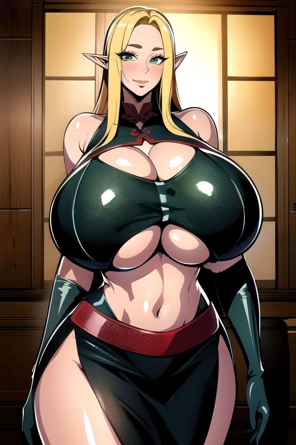 ultra realistic 8k cg, masterpiece, ((ultra detailed background, intricate detail, highly detailed, fine details best quality, hyperdetailed face)), gigantic breasts ,beautiful lighting, absurdres, BoaHancockV2, 1girl, solo, blonde hair, long hair, jewelry, closed mouth, ), cleavage, (chinese dress : 1.1), (underboob : 1.4), elbow gloves, thigh boots, miniskirt, bare shoulders,, bare shoulders, curvy, midriff, curvy, thighs, shiny clothes), green eyes, complex detailed background, indoor, palace), ((cowboy shot)), curvy, (gigantic breasts: 1.4), seductive smile, cowboy shot, long elf ears