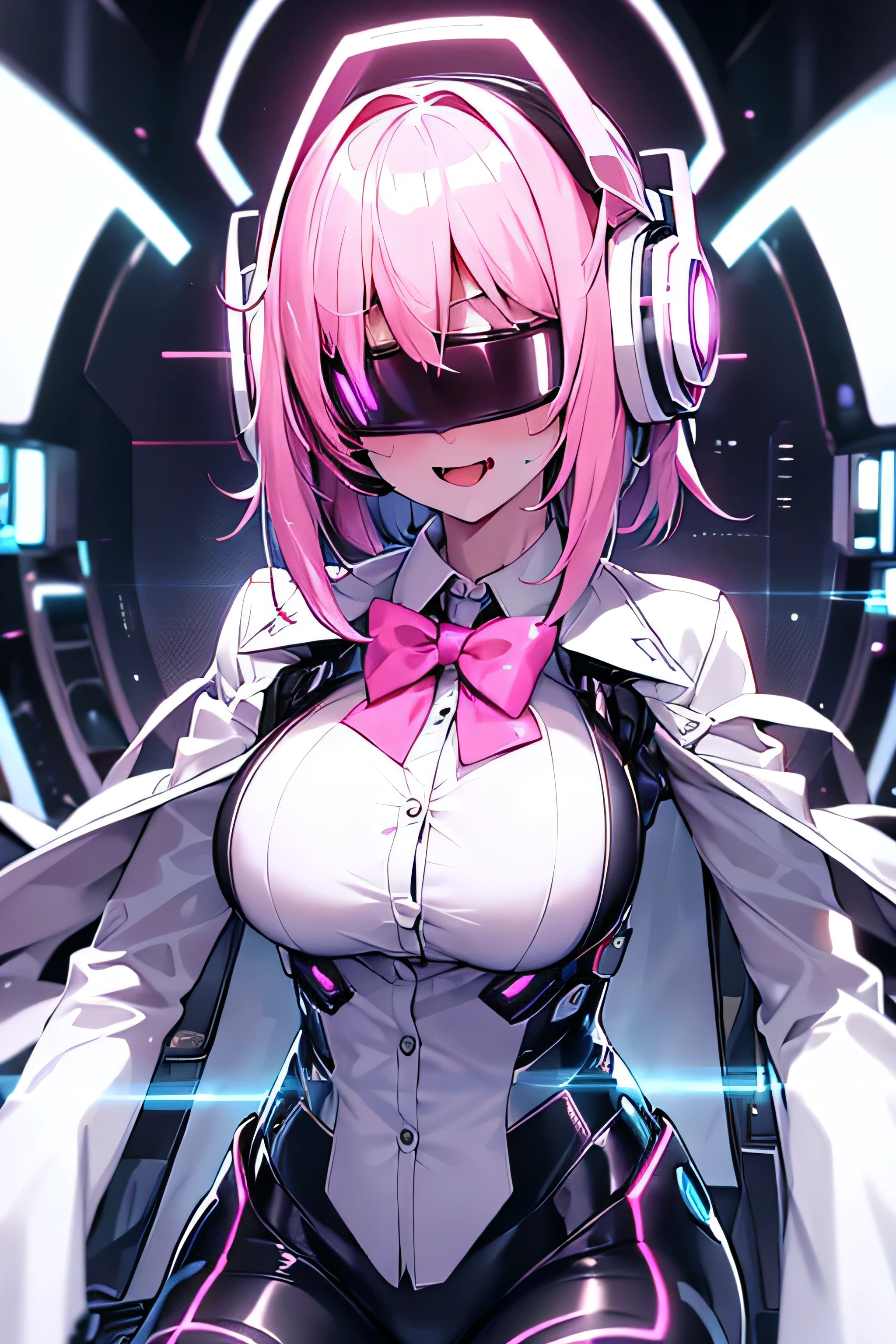 Anime cyborg girl sitting in a pilot seat wearing a virtual reality headset covering her eyes on her face with machinery and tubes and wires going inside her head and brain, (Best quality,highres:1.2), ultra-detailed, (realistic:1.3), cyberpunk, futuristic, portrait, shiny revealing latex outfit, cyber implants, virtual reality, drooling face, cables plugging into brain, shirt collar, bowtie, formal clothing, open mouth smile, facing viewer, girl is vibrating, glowing virtual reality headset, relaxed expression, blushing, cyber future formal wear, cyberpunk, futuristic, brain drain, cyber implants, virtual reality, drooling face, virtual reality headset covering eyes, , big collar, high collar, open mouth smile, pleasured face expression, skin tight clothing, big shirt collar, big bowtie, biggest breasts in the world, light-emitting cable connected to brain, head antennas, oversized headphones, breasts are vibrating, open mouth drooling, blank expression, red face blush, cyborg, android, mechanical creature, mechanical torso, futuristic cyberpunk cyborg body, slim futuristic android, glowing lights on girls body, power cells, head is emitting pink light, formal shirt collar, big formal bowtie, , glowing nipples, big shirt collar, high collar, white collar, electrocution, girl being electrocuted, electricity, electricity sparks, pink hair, short hair, neon pink hair, body modification, orgasm, pleasure, (VR headset covering the eyes), vibrating breasts, vibrating girl, intense vibration, glowing nipples, lightbulb nipples, girl wearing large VR headset, glowing eyes, blank eyes, focused face expression, buttoned up white dress shirt, formal shirt with huge collar