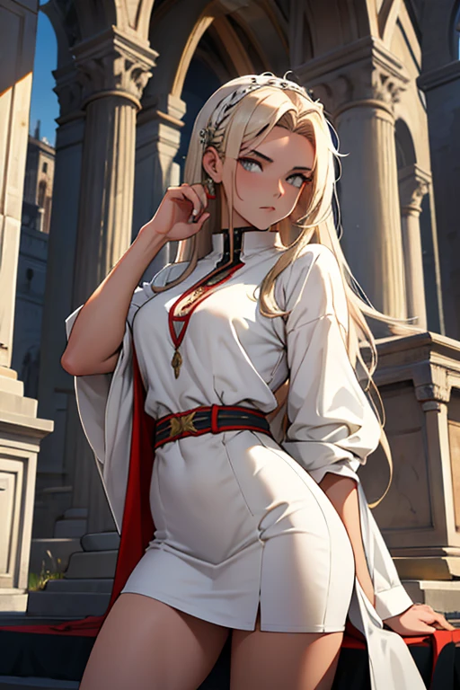 ragazza italiana, 25 anni, capelli neri lunghissimi, seno gigantesco, magra, indossa una camicia bianca strappata e una minigonna nera plissettata, she is lying near the altar of a megalithic circle, le sue braccia e gambe sono legate con corde all'altare , ha un collare da schiava
