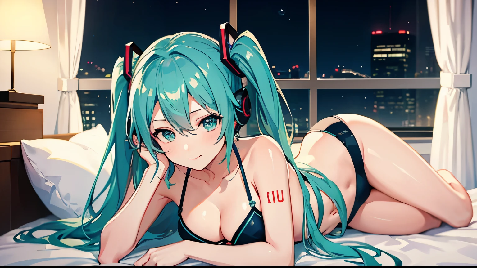 In bed with headphones、Sex、Hatsune Miku in a bikini、Beautiful night view outside the window。４K