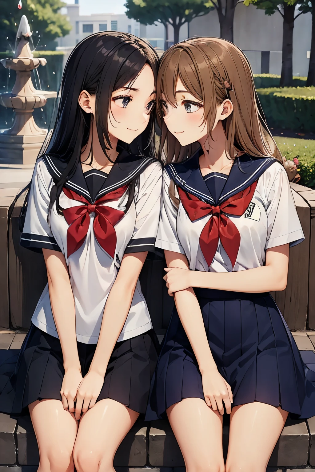 Two high school girls sitting and kissing in front of a fountain in a park、seductive smile、