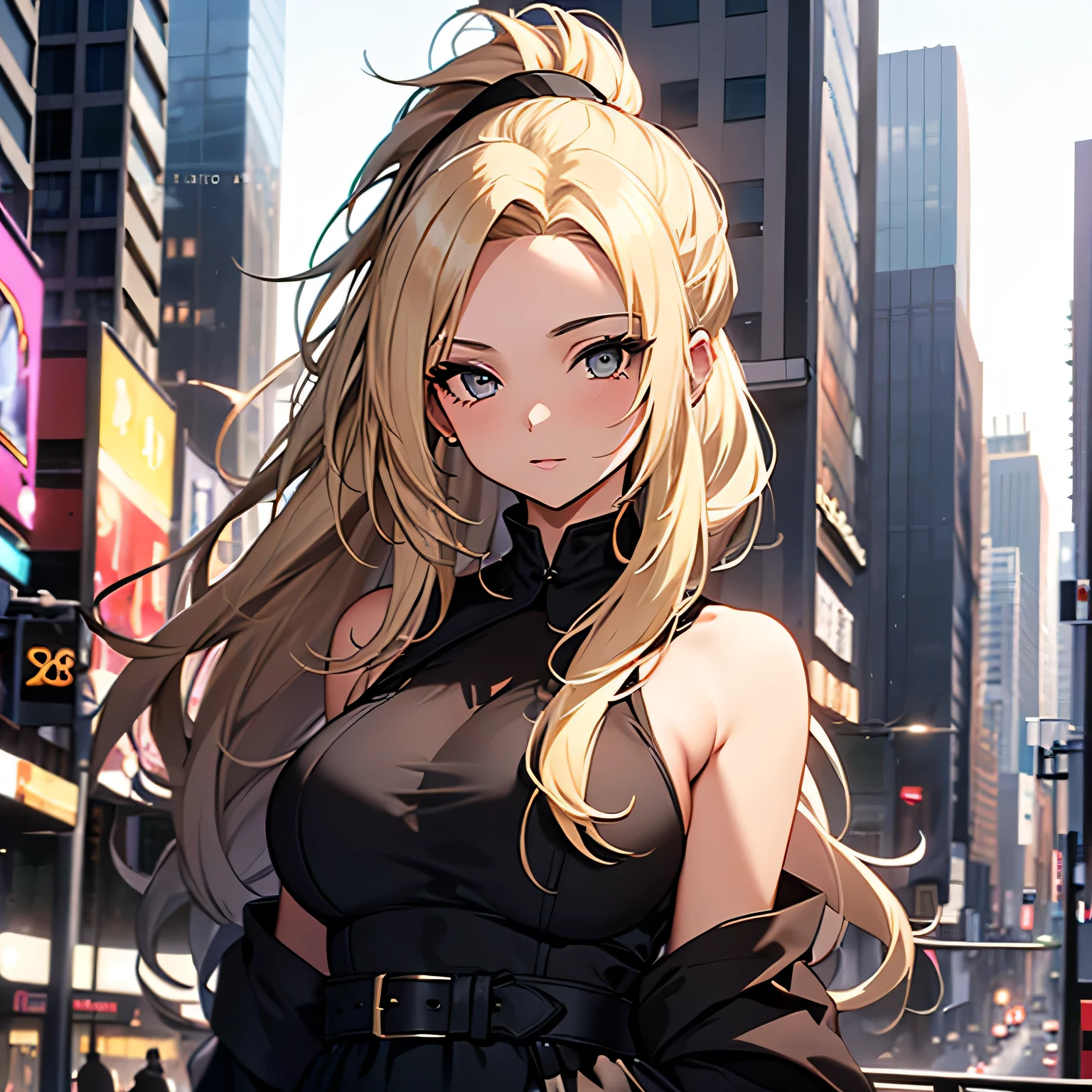 ((1Girl)),((28 years old)), ((Half up half down  ponytail hairstyle)), Blonde hair, Exaggerated Body, Sexy, Black Dress,((city background))