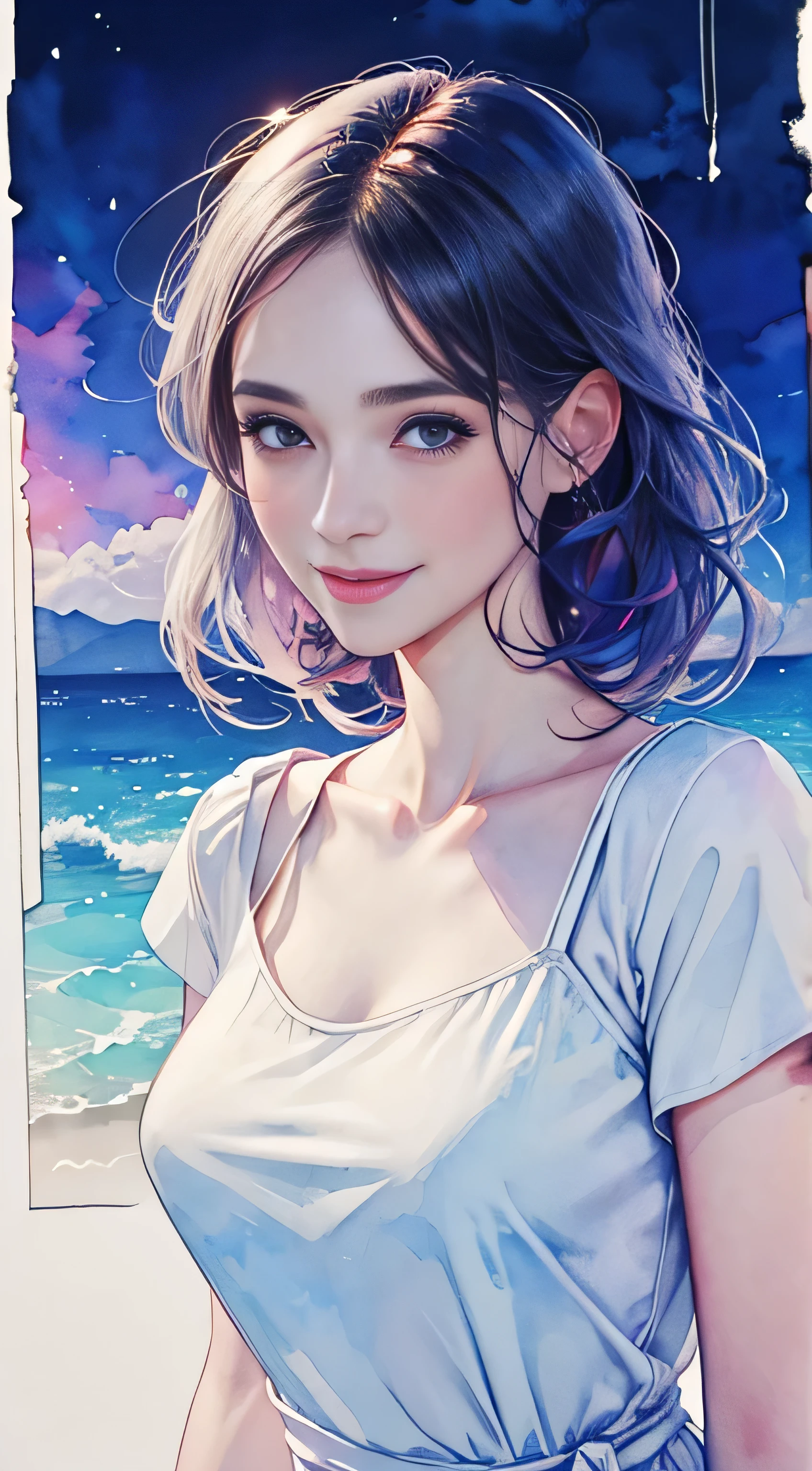 highest quality, Tabletop, High resolution, 8k, 30-year-old woman, smile,Plain white t-shirt,Maxi Dresses,Hair length, Watercolor \(Moderate\), Watercolor