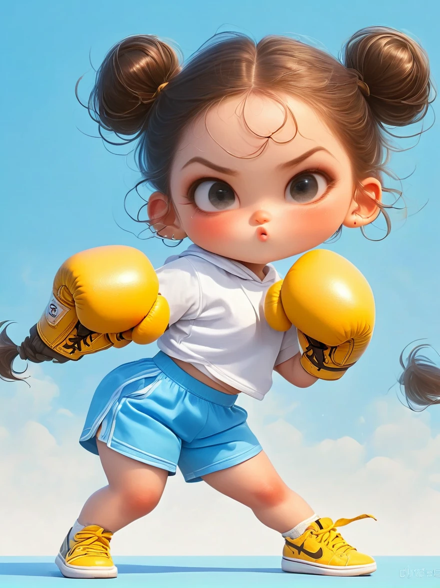 A fat girl shaking，Kissing in front of the camera，(one eye Close:1.6)，Wearing a simple white sweatshirtBREAK Black tie shorts，Bright yellow sneakers，Always ready for the challenge，Brown ponytail tied up high，Showing her lively and active side，The most eye-catching thing is the yellow boxing gloves she wears，(Right hand straight punch:1.5)，Eyes firm and bright，Revealing an unyielding fighting spirit，Light blue background，full body，chibi anime，Surrealism，cartoon Q version, by Tiago Hoisel