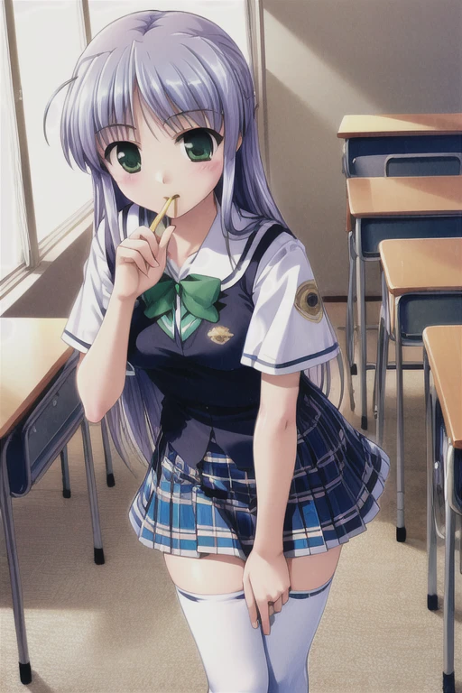 masterpiece, highest quality,  We want to, white , Green ribbon, Blue pleated skirt, zettai ryouiki, Symbolism, white thighhighs, Are standing, Holding a pencil, In the classroom, Mouth closed, Feet together, Teaching pose