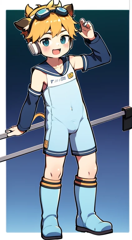 2D Boy Shota,One-piece mountaineering suit,Put the headphones on your head,Standing,Goggles,Horns,Cow ears,sports shoes,White stockings,happy,boots,Sailor collar