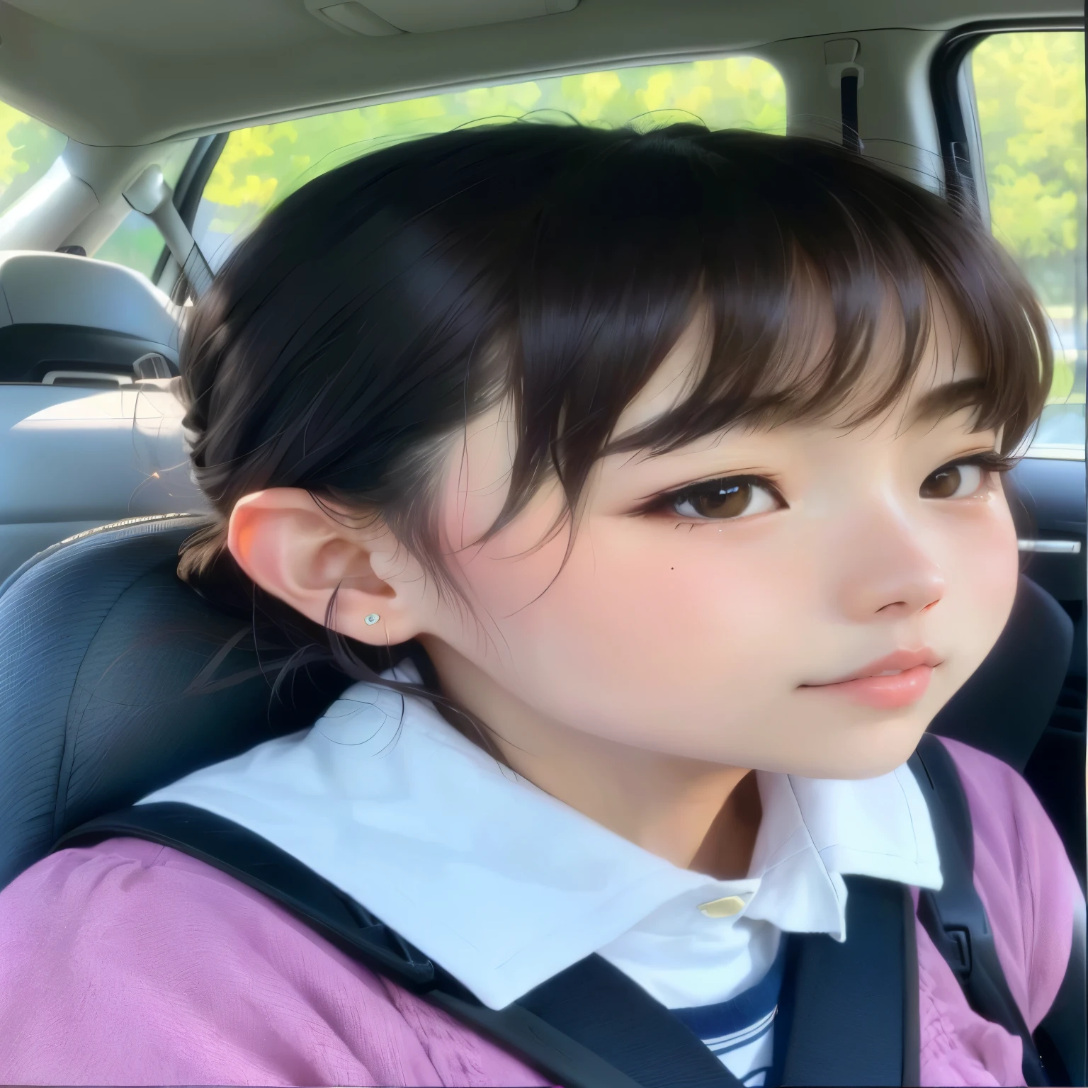 Sit in the car seat、Close-up of a girl with a backpack, Chiho, Jaeyoung Nam, Yoshitomo Nara, harumi, With a cute - lovely - face, Girl cute beautiful face, Hime cut, A, Ka, Sa, Ta, Na, Ha, On , Hole in the Motto