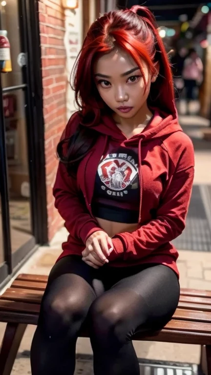 1 Malay girl, Red hair, updo hairstyle, streaks of hair in face, red eyes, mascara, oversized hoodie, midriff, hot pants, tights, laced tights, bags under eyes, sitting, coffee shop, ground angle shot, viewer looking up, feet in tights,  flat chest, chocker, raw photography, 8k, masterwork,