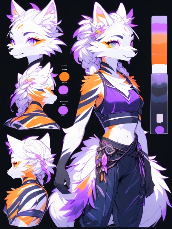 ( Absurdly , High quality , ultra detailed ) ,( hand detailed ) , 1girl, solo, mature, (concept art, character sheet), absurdres(highly detailed beautiful face and eyes)perfect ??????? Solo, sfw, Young Female white fox-cat (((lean-body))) (((medium breasts))) (short snout),(((fur (black stripe) between neck and shoulder towards chest))) ((fur (black stripes) on waist))(ears are darker), (heterochromia (orange, violet)), (cat tail (black at end)), (white hair (single-braided)), (fantasy adventure type clothing ((violet shirt (crop top))), (((navy-blue belt) pants)), happy ((looking at viewer)) ((Female wolf)) (detailed eyes) (clevedge, (collarbone, shoulders), (solo, (1girl)) ((((fluffy white fur)))) ((extremely detailed fur)) (violet crop top) ((hair in face)) (big braid), sfw, (thin long tail) (heterochromia) (extremely detailed eyes) joyful (((concept art, character sheet, (multiple views)))) ((orange and violet)) (vibrant colors)