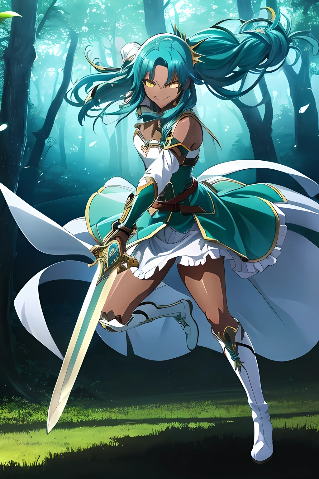 sao anime style Asuna ,   detached sleeves, Best quality, masterpiece, 8k,   Detailed,   ((Battle pose)),(very long hair), (((dark skin))), (((teal hair))), (two  braids hanging in front), (small breasts), ((yellow eyes)), (( teal dress)), (((steel trim on dress))), ((teal corset)), (leaf designs on dress), (magical girl), mahou shojo, ((smirking )), looking at viewer, ((twilight background)), forest background, cool lighting, teen, portrait, dramatic lighting,, knee high boots, ((white boots)), fingerless gloves, (holding one sword, glowing sword, green blade), billowing skirt, (holding a shield)