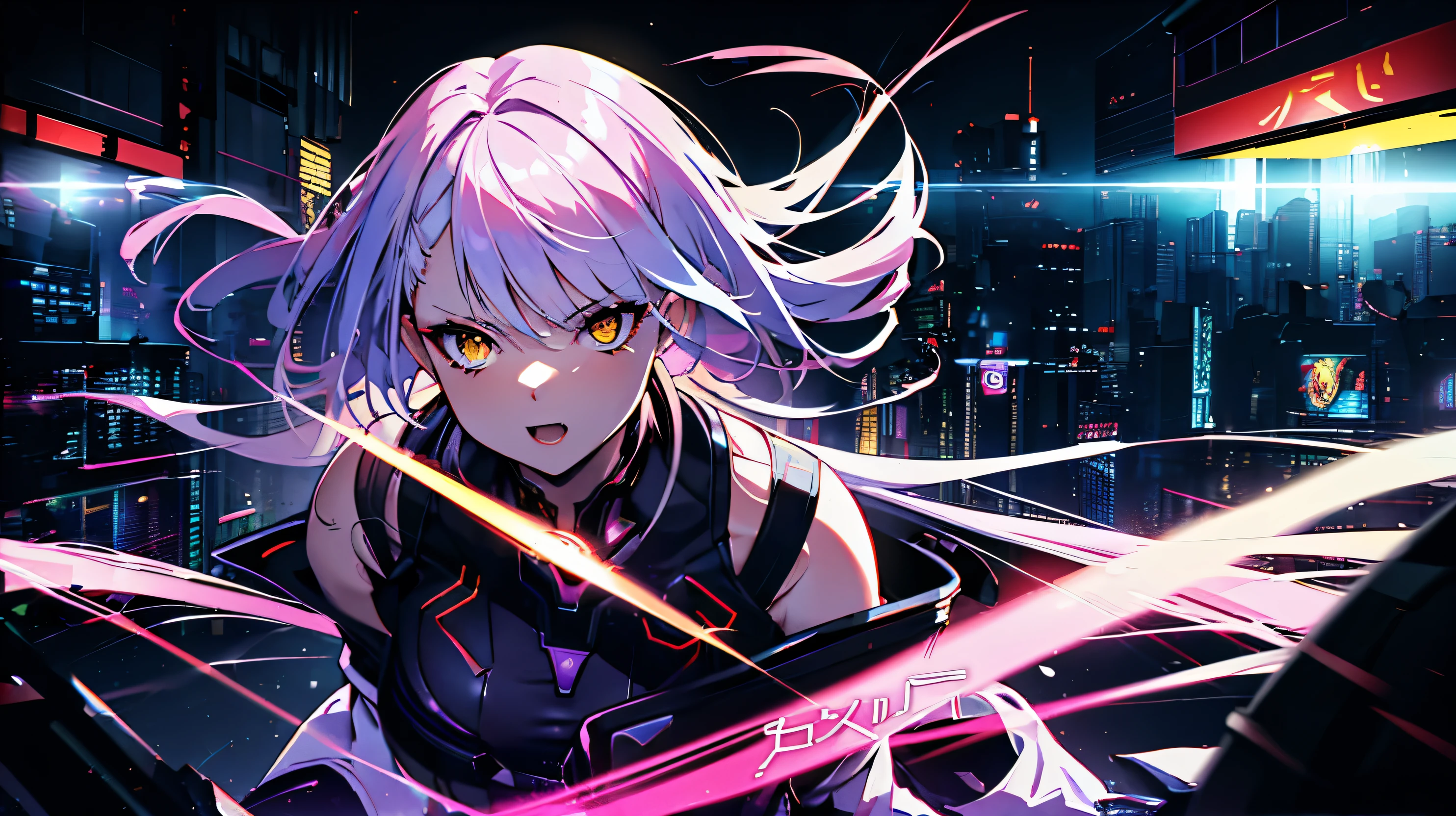 masterpiece, highest quality, (Perfect Face:1.1), (Attention to detail:1.1),dramatic,1 person, (Pale skin),Beautiful lighting, Professional Lighting, Photon Mapping,Long Hair, Long purple hair with a light pink gradient at the bottom, Open your mouth, Yellow Eyes, Light purple,punk,art:artgerm , fashion, Balenciaga Style Smile, very Long Hair, null, Black fox, night, punk, Future City, Physically Based Rendering,Detailed Background,,art:artgerm と greg rutkowski, ((Old age)),, (RAW Photos, Film Grain)