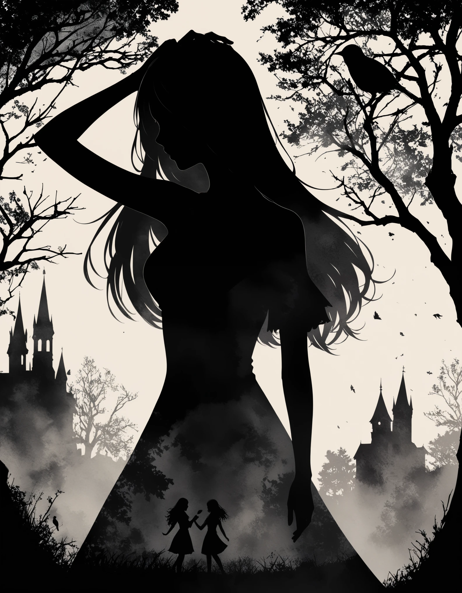 a pitch black setting with a silhouette of a beautiful long haired woman , magical, silhouette, black and white, tree silhouette  Nu Goth Art, Cartelcore, BW, Wood engraving, side light, Watercolor Paint, Amaro, abstract, Velvia, Flickr, pixiv, One Color,cuvry pose,double exposure,Urban Scene