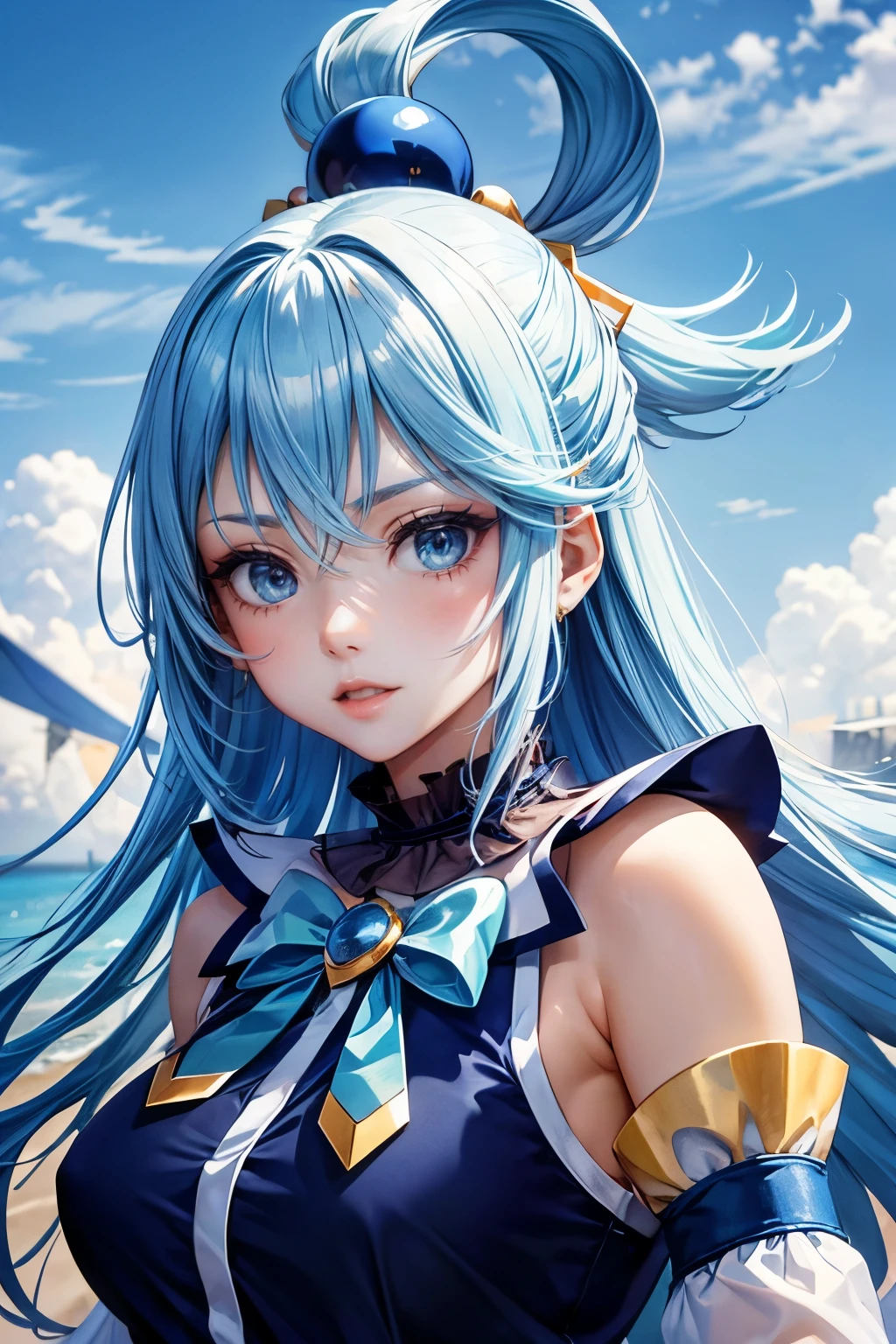 (masterpiece), best quality, expressive eyes, perfect face, looking at viewer, 1girl, solo, (portrait), (upper body), mature female, sleeveless dress, ribbon on dress, bare shoulders, detached sleeves, blue eyes, blue hair, long hair, hair ornament, hair rings, single hair ring, medium breasts, ((field)), sky, aaaqua