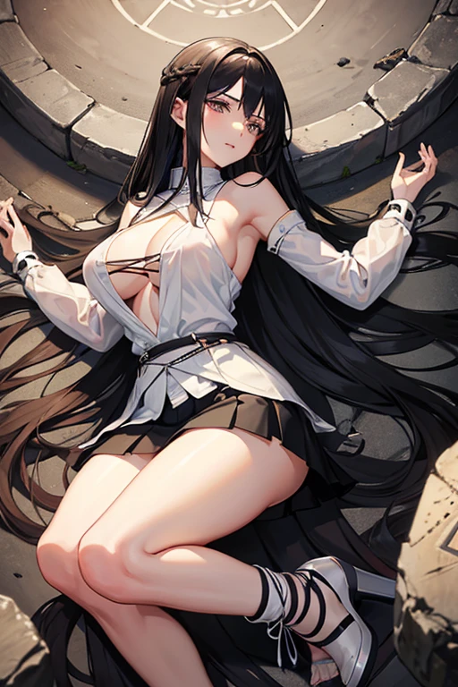 Italian girl, 25 years old, very long black hair, gigantic breasts, thin, wearing a torn white shirt and a pleated black miniskirt, she is lying on a slab of a megalithic circle, her arms and legs are tied with ropes to the altar, she has a slave collar