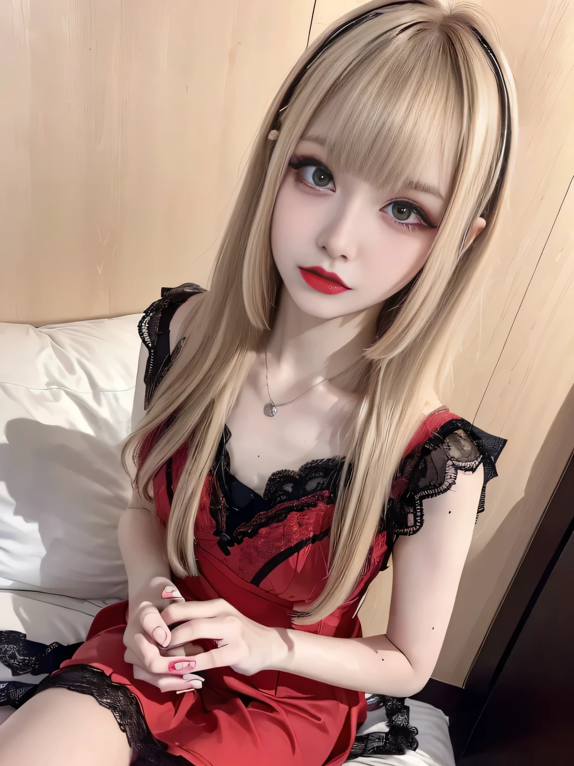RAW Photos, 8k, (highest quality), Realistic, (Live Action, Intricate details), (Natural skin texture, Detailed skin, Hyperrealism, Sharpness), (Japanese teen girl in hotel, Look Down, Bedroom),, (Pale skin:1.2), Slender body, ((Light blonde hair:1.3, Long Hair, Blunt bangs)), (Melancholic face, Expressions of sadness, Lips parted:1.3, eye shadow, eyeliner, Tears bag:1.2, Red lips, Dark circles under the eyes, Are crying, tears:1.2), At night, Full Body Shot,White camisole,Heart and cross tattoo on right arm,