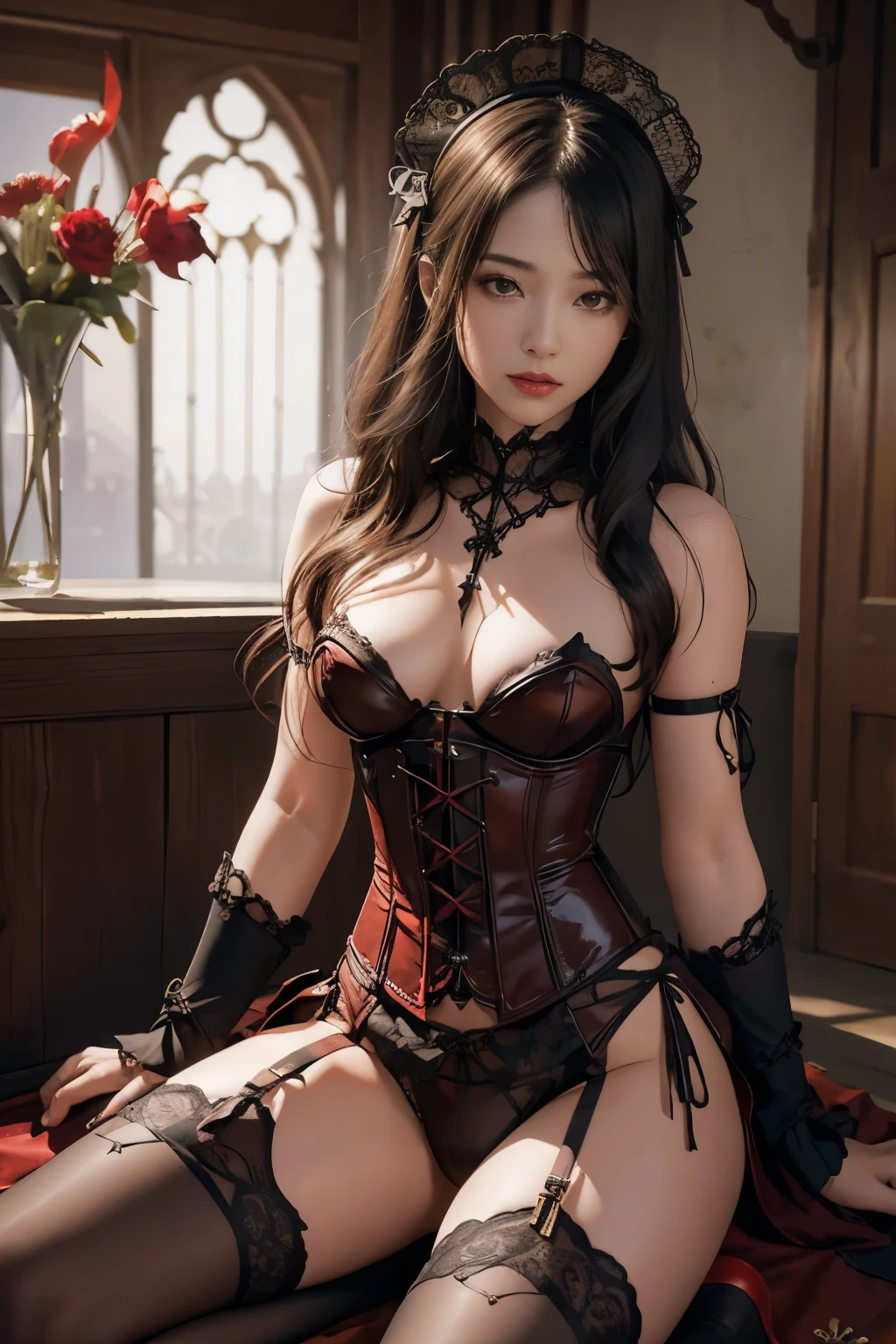 highest quality, masterpiece, Ultra-high resolution, (Reality: 1.9), (((Absolute full-length image,Front view))),Japan Maiden 、 ((Ultra-Realistic Details)) 、 Portrait 、 Global Illumination 、 Shadow 、 Octane Rendering 、 In 8K 、 Ultra Sharp 、 ( Crimson leather corset and panties、garter belt)、 ((Bondage and Gothic ta)) 、Intricate decorative details 、 Cool colors 、 Gothic Lolietails 、 Very intricate detail 、 Realistic Light 、 CG Trends、Sparkling Eyes、Facing the camera、Small breasts、Full body upright pose、The background is the cathedral