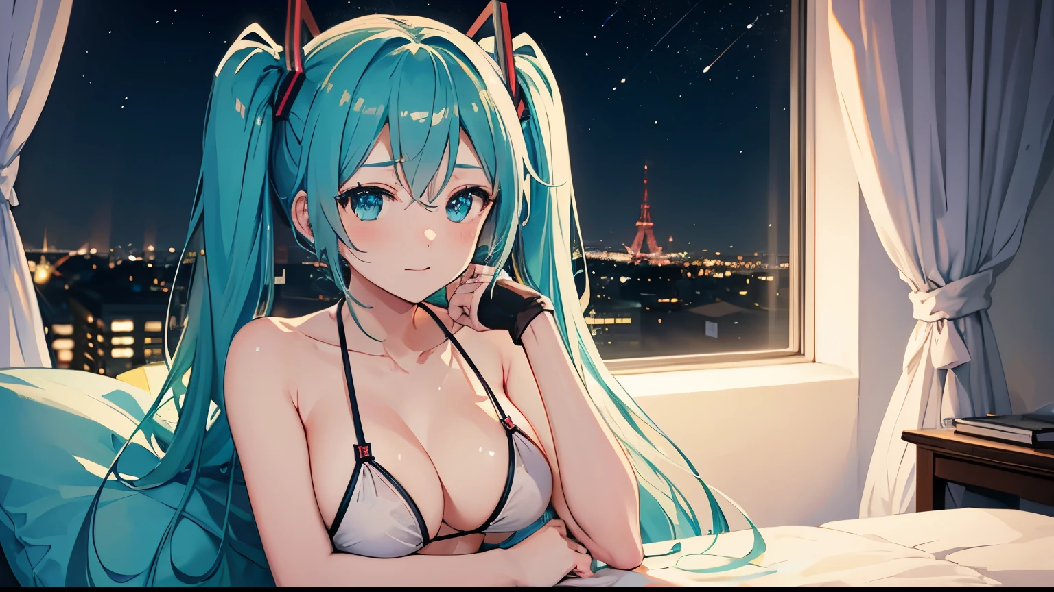 
Fucking in bed、Bikini２human hatsune miku、Beautiful night view outside the window。４K