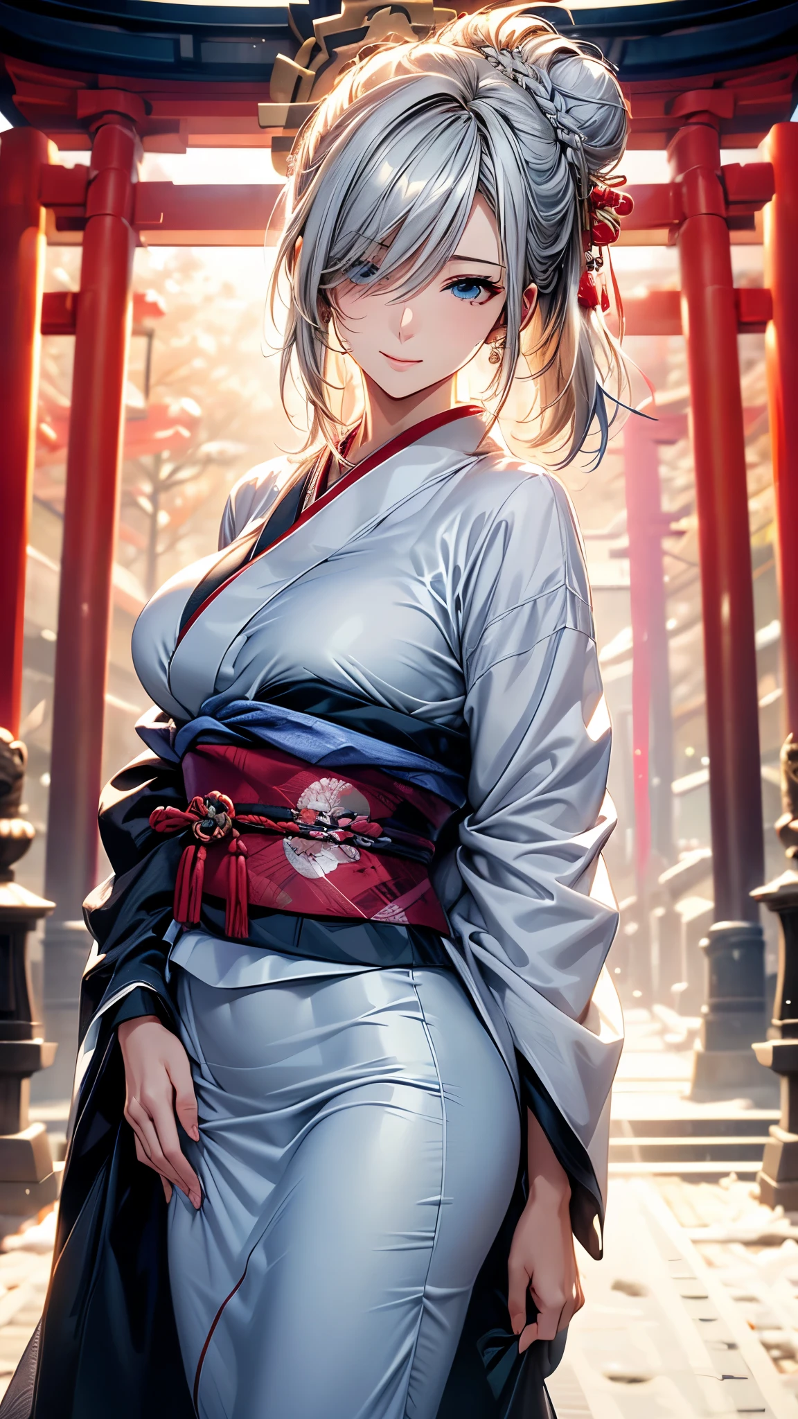 28 years old, Sexy body, Slim body, Silver hair fades to light blue tail, hair covering one eye, /Asymmetrical hair, /half bun hair, /half updo half up half down, /Medium Length Hair, /long wavy hair, blue eyes, break, Japanese clothes, kimono, neat kimono, Zen garden in Japanese temple, In front of the torii gate, New Year Visit, hands together, Pray for the future, Smile, In winter, Snow covered ground, There is snow, snowflake, Dynamic Angle, from the side, (Correct anatomy, Ideal body proportions), (/A night under the stars, /In the morning, under the holy light), break, high resolution, original photo, Photorealism, Stay focused, (natural lighting, Textile shading), Detailed background, Perfect layer cut, Focus on the eyes, (milf:1.5), Depth of Field, Bokeh, cowboy shot, ray tracing, masterpiece, best quality, 8K, retina, masterpiece, ccurate