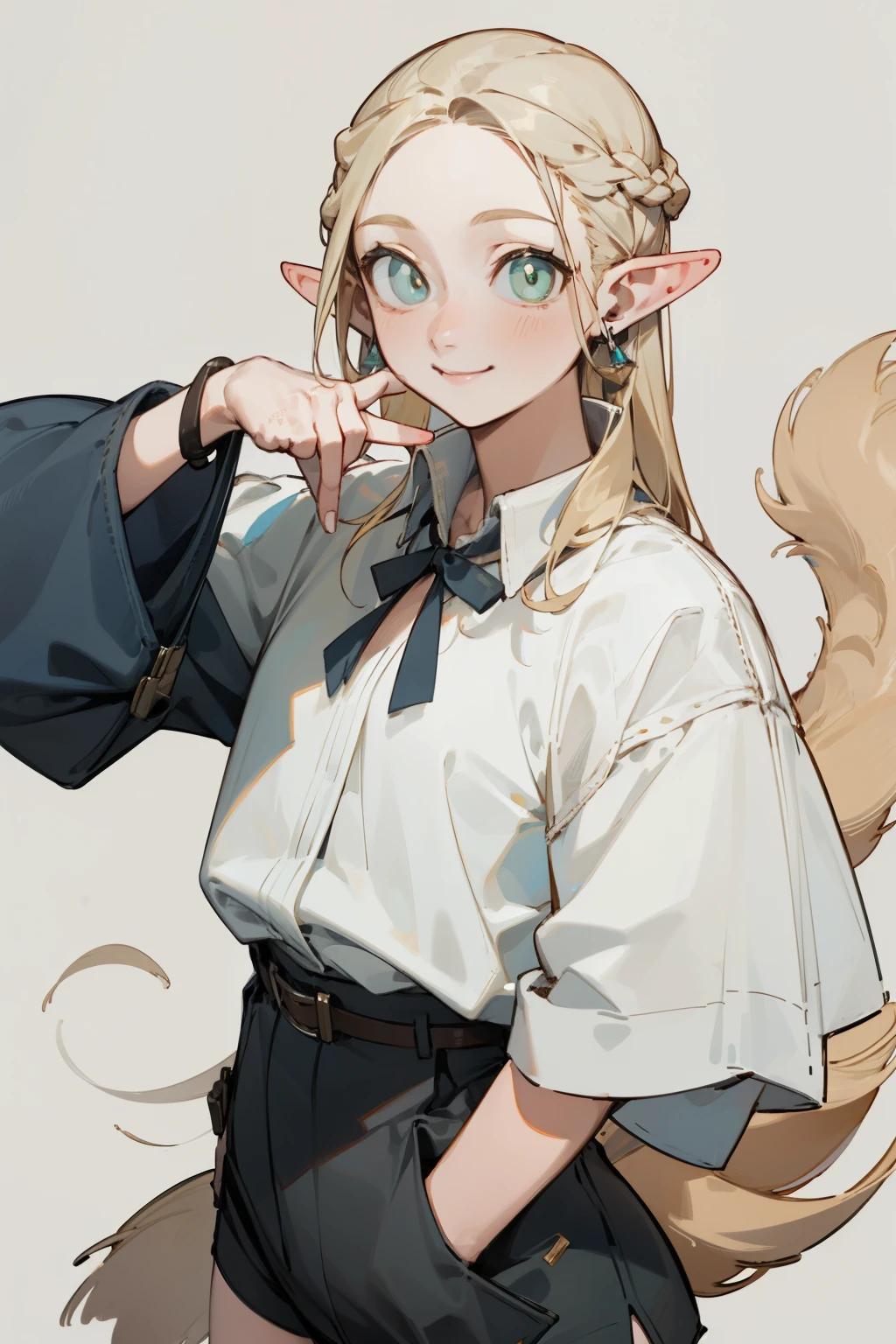 (masterpiece, best quality) detailed,silver accessories , Blonde ,elegant, Pointed ears ,White shirt,shorts,Double tail,Waist-length hair,Smile,
