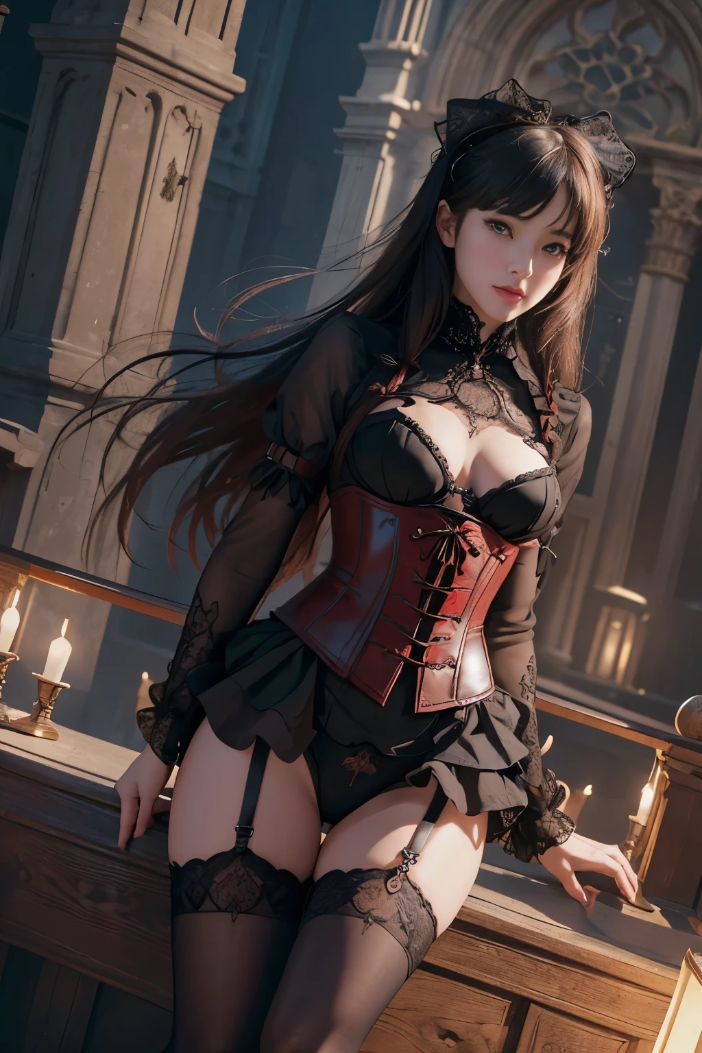 highest quality, masterpiece, Ultra-high resolution, (Reality: 1.9), (((Absolute full-length image,Front view))),Japan Maiden 、 ((Ultra-Realistic Details)) 、 Portrait 、 Global Illumination 、 Shadow 、 Octane Rendering 、 In 8K 、 Ultra Sharp 、 ( Crimson leather corset and panties、garter belt)、 ((Bondage and Gothic Lolita)) 、Intricate decorative details 、 Cool colors 、 Gothic Lolita details 、 Very intricate detail 、 Realistic Light 、 CG Trends、Sparkling Eyes、Facing the camera、Small breasts、Full body upright pose、The background is the cathedral
