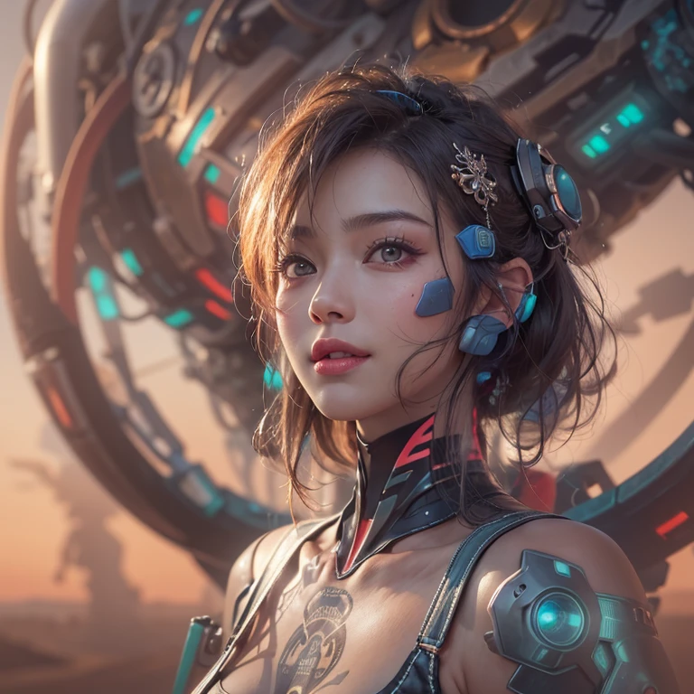 Ride a futuristic mobile、Hair flows、 ((highest quality、masterpiece、8k、best image quality、ultra high resolution、Award-winning work)、(accurate anatomy:1.1)、(look at me and smile:1.1)、Shining fair skin with ultra high resolution、most detailed face、ultra high resolution detailed face、ultra high resolutionの髪の毛、(ultra high resolutionの煌めく瞳:1.1)、Beautiful face drawn in every detail、(blurred background:1.1)、cyberpunk clothes, chest together, tattoo, desert 
