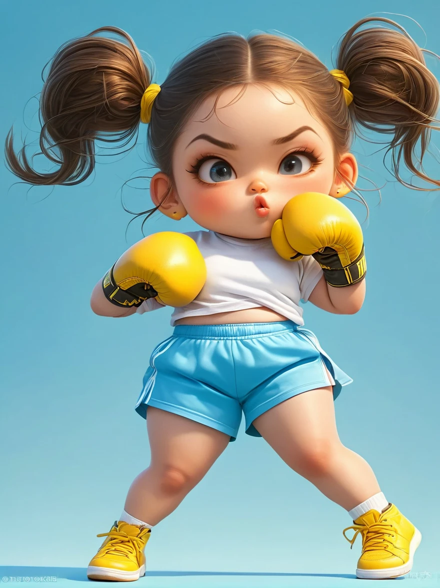 1 fat girl，Kissing in front of the camera，(one eye Close:1.6)，Wearing a simple white sweatshirtBREAK Black tie shorts，Bright yellow sneakers，Always ready for the challenge，Brown ponytail tied up high，Showing her lively and active side，The most eye-catching thing is the yellow boxing gloves she wears，(Right hand straight punch:1.5)，Eyes firm and bright，Revealing an unyielding fighting spirit，Light blue background，full body，chibi anime，Surrealism，cartoon Q version, by Tiago Hoisel