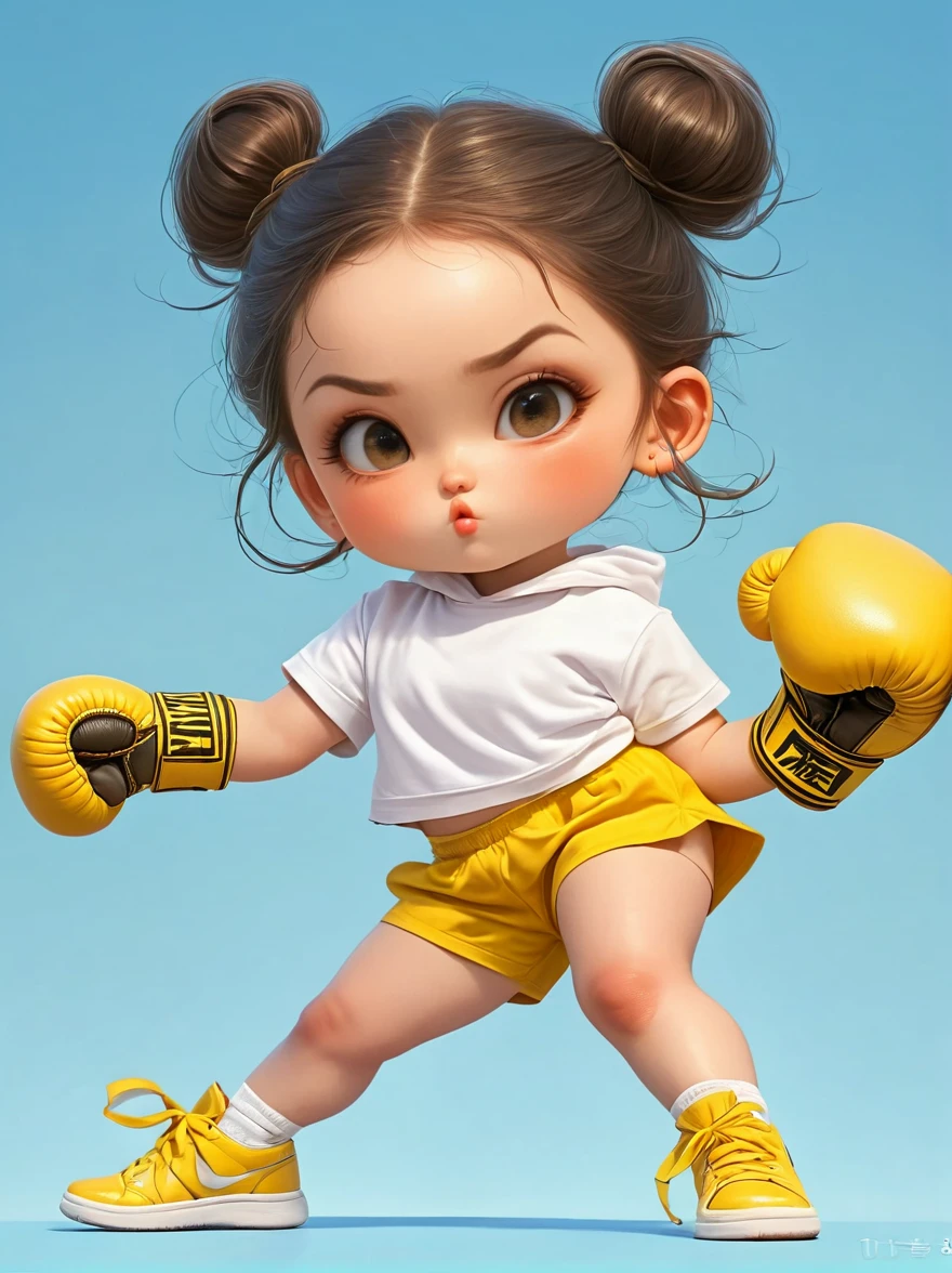 1 fat girl，Kissing in front of the camera，(one eye Close:1.6)，Wearing a simple white sweatshirtBREAK Black tie shorts，Bright yellow sneakers，Always ready for the challenge，Brown ponytail tied up high，Showing her lively and active side，The most eye-catching thing is the yellow boxing gloves she wears，(Right hand straight punch:1.5)，Eyes firm and bright，Revealing an unyielding fighting spirit，Light blue background，full body，chibi anime，Surrealism，cartoon Q version, by Tiago Hoisel