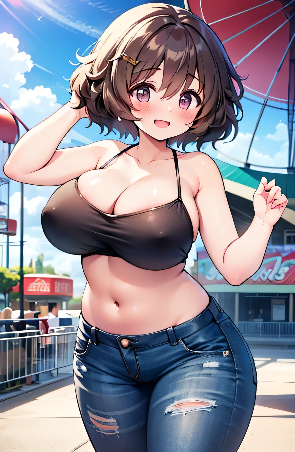 Anime illustration、highest quality、Short high school girl、Tube top、hot pants、amusement park、Ferris wheel、Perfect proportions、overwhelmingly big breasts、Thick legs、Beautiful, shining eyes、Blushed、smile、Cowboy Shot