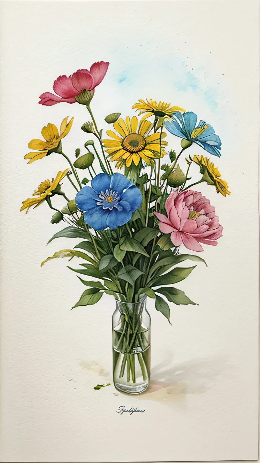 A vibrant watercolor painting of wildflowers, with blue poppies, yellow daisies, and pink peonies sprouting from lush, green stems against a matching background.