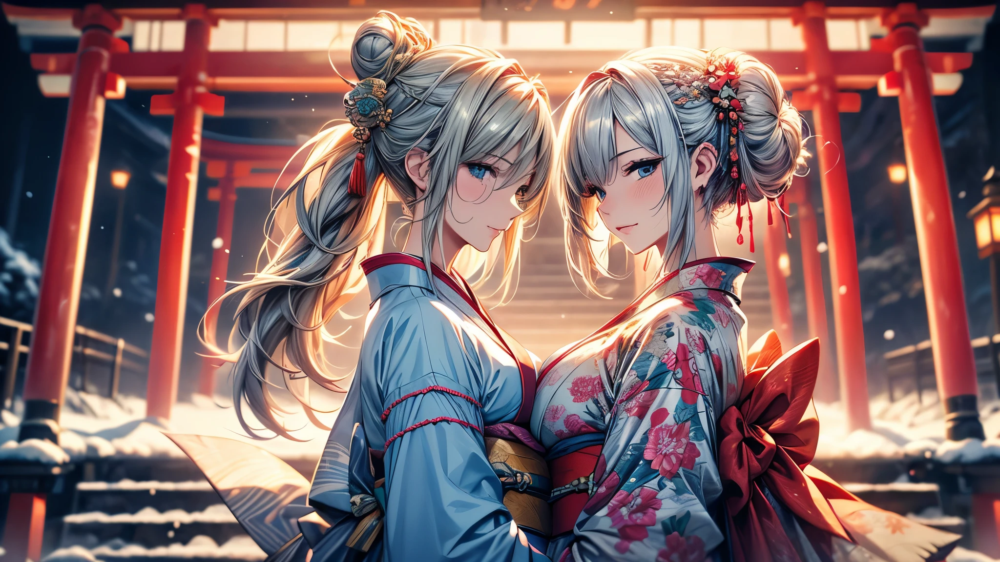 28 years old, Sexy body, Slim body, Silver hair fades to light blue tail, hair covering one eye, /Asymmetrical hair, /half bun hair, /half updo half up half down, /Medium Length Hair, /long wavy hair, blue eyes, break, Japanese clothes, kimono, neat kimono, Zen garden in Japanese temple, In front of the torii gate, New Year Visit, hands together, Pray for the future, Smile, In winter, Snow covered ground, There is snow, snowflake, Dynamic Angle, from the side, (Correct anatomy, Ideal body proportions), (/A night under the stars, /In the morning, under the holy light), break, high resolution, original photo, Photorealism, Stay focused, (natural lighting, Textile shading), Detailed background, Perfect layer cut, Focus on the eyes, (milf:1.5), Depth of Field, Bokeh, cowboy shot, ray tracing, masterpiece, best quality, 8K, retina, masterpiece, ccurate