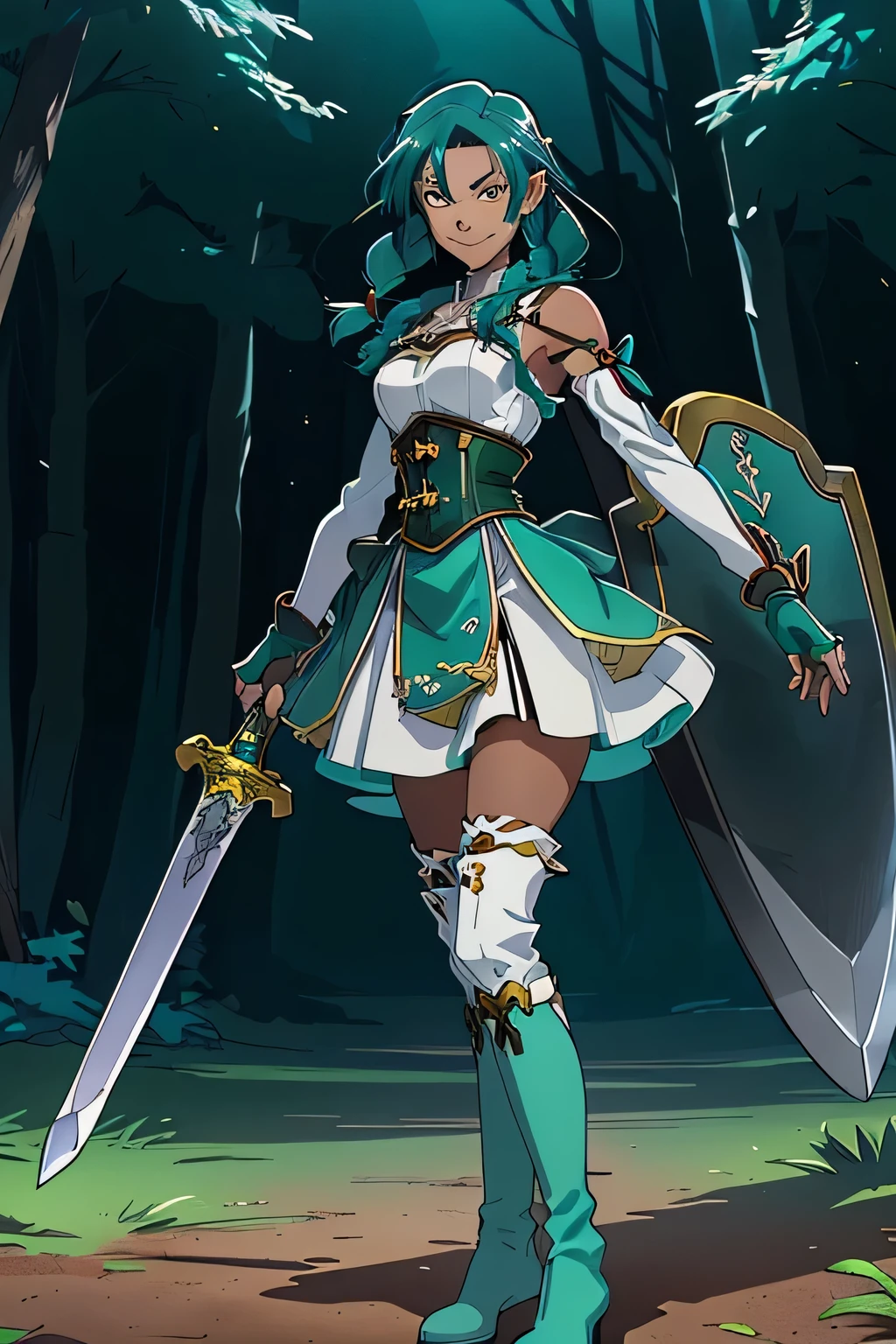 sao anime style Asuna ,   ((Perfect face, detailed face)), detached sleeves, Best quality, masterpiece, 8k,   Detailed,   ((Battle pose)),(very long hair), (((dark skin))), (((teal hair))), (two  braids hanging in front), (small breasts), ((yellow eyes)), (( teal dress)), (((steel trim on dress))), ((teal corset)), (leaf designs on dress), (magical girl), mahou shojo, ((smirking )), looking at viewer, ((twilight background)), forest background, cool lighting, teen, portrait, dramatic lighting,, knee high boots, ((white boots)), fingerless gloves, (holding one sword, glowing sword, green blade), billowing skirt, (holding a shield)